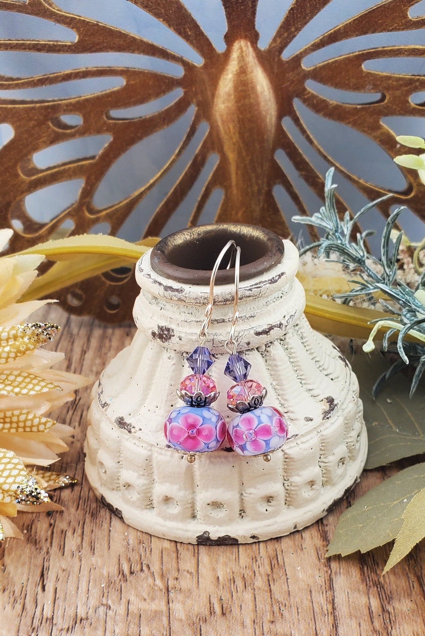Hope Blossoms Artisan Glass Earrings, Lampwork Glass Bead by Grace Lampwork Beads, Silver Filled Earring Wire
