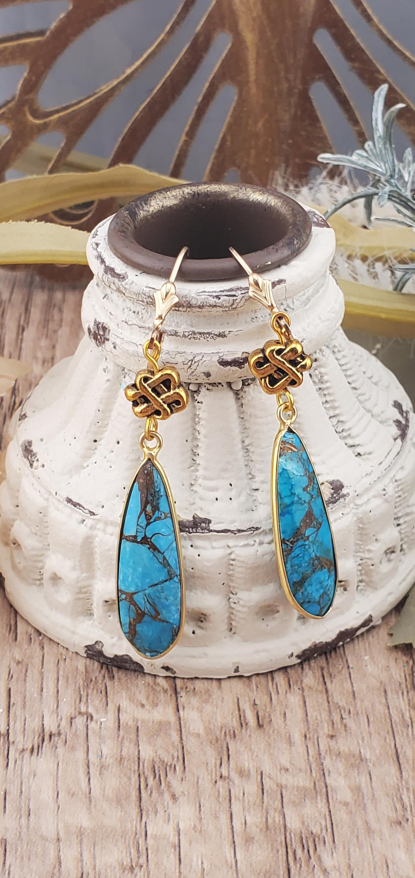 Copper Turquoise 10x32 mm Earrings, Gold Plated Earring Wire