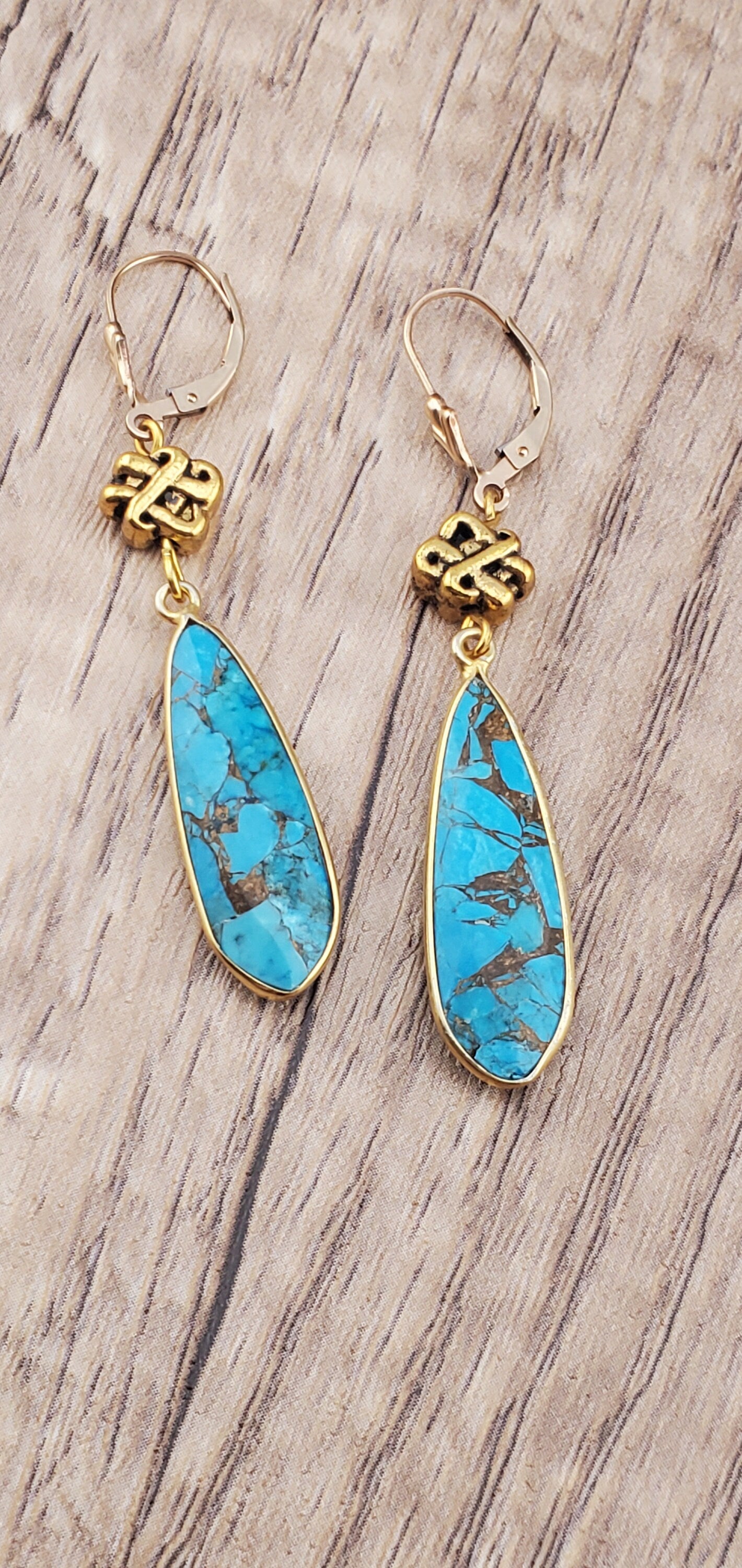 Copper Turquoise 10x32 mm Earrings, Gold Plated Earring Wire
