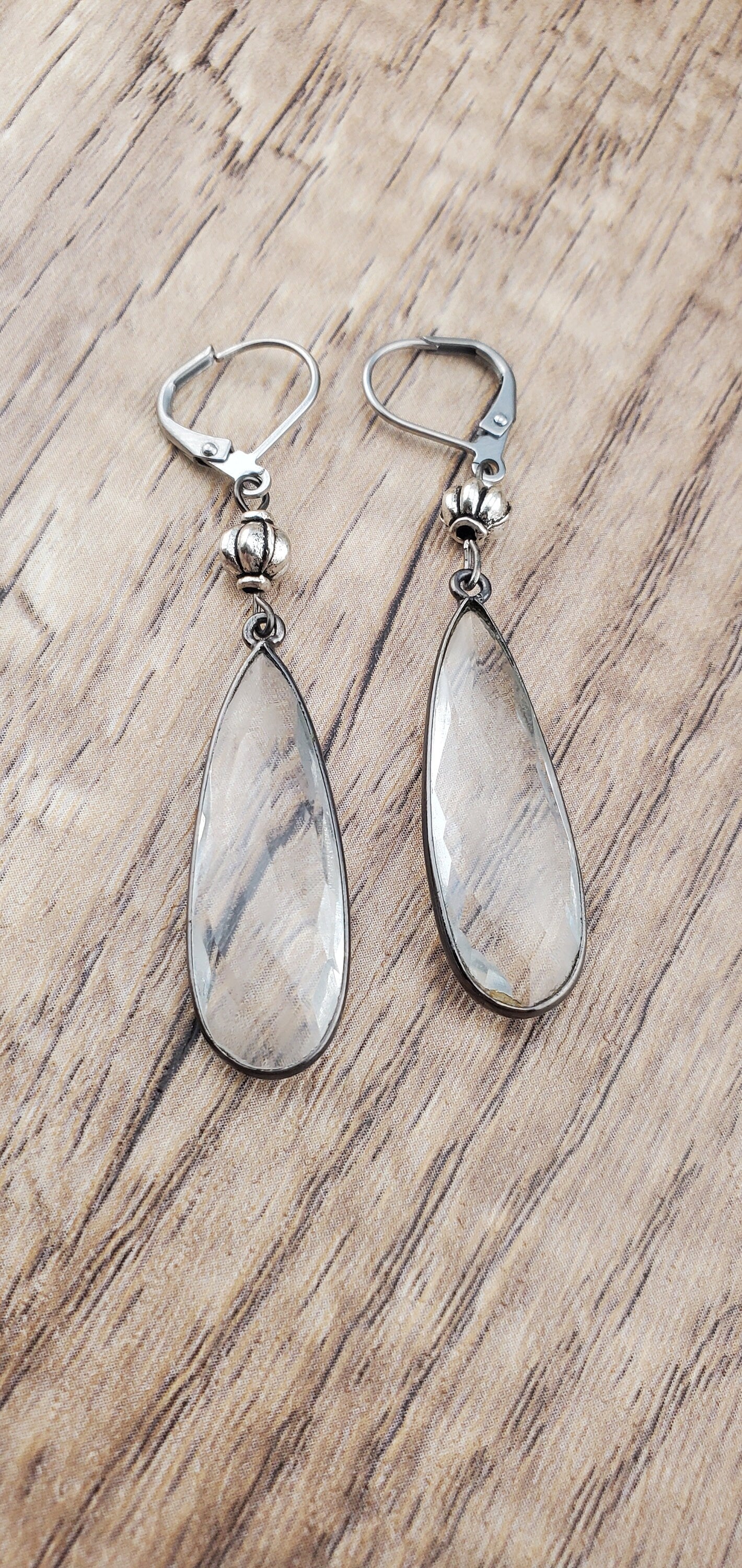 Quartz 11x 34 mm Earrings, Stainless Steel Earring Wire