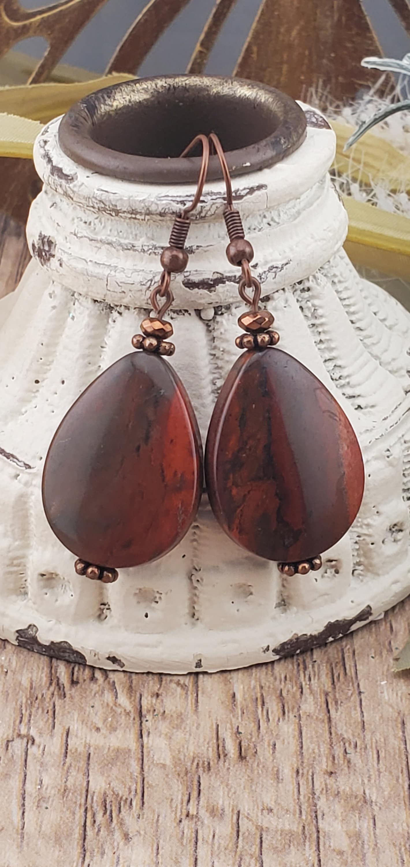 Apple Jasper Earrings, Copper Earring Wire