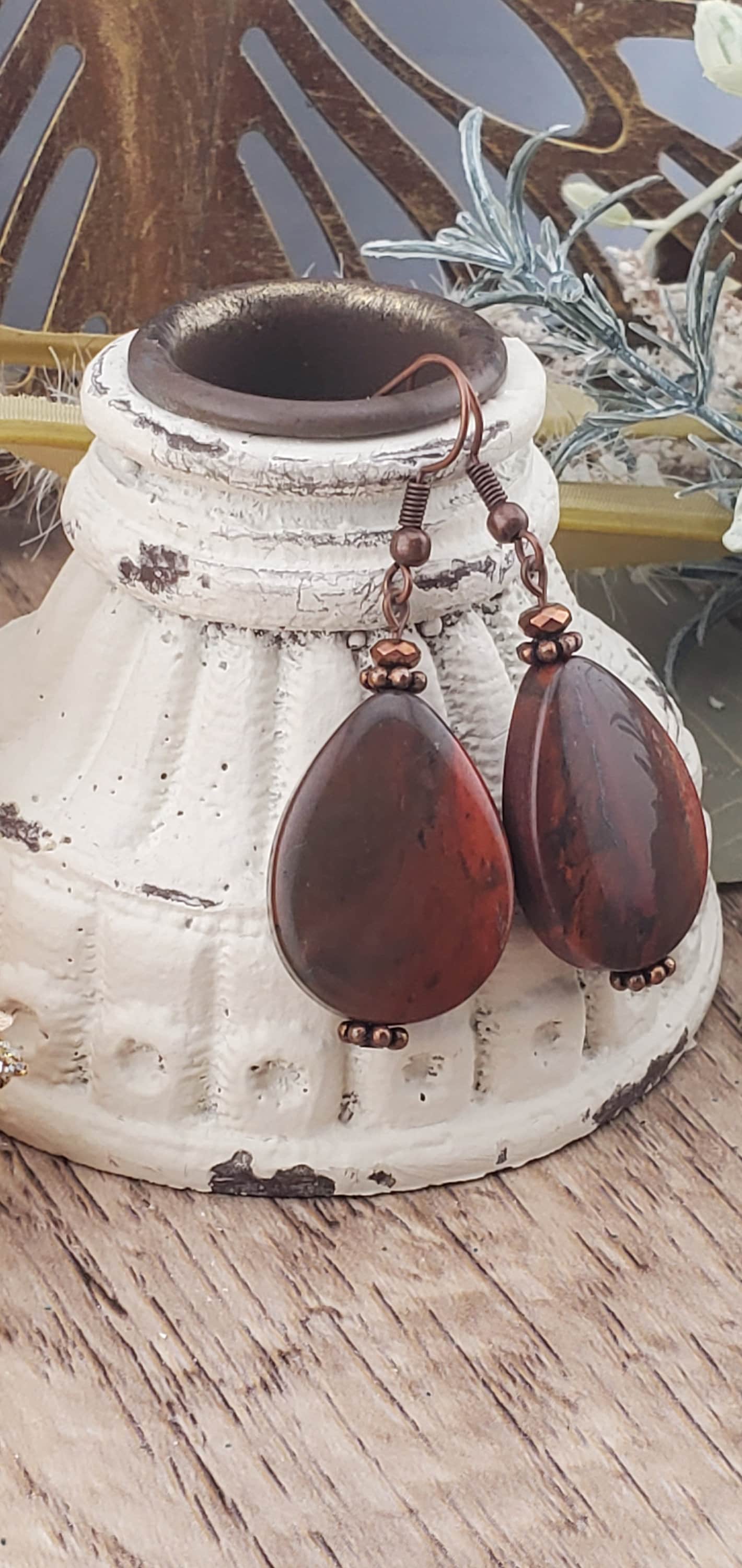 Apple Jasper Earrings, Copper Earring Wire