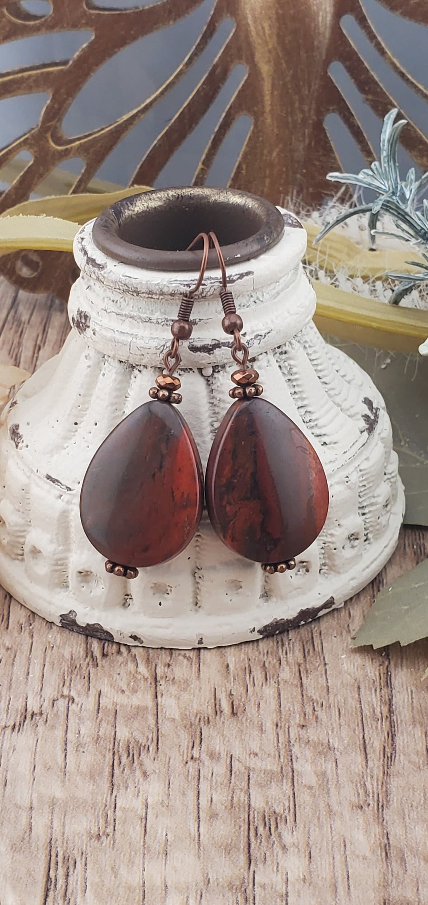 Apple Jasper Earrings, Copper Earring Wire
