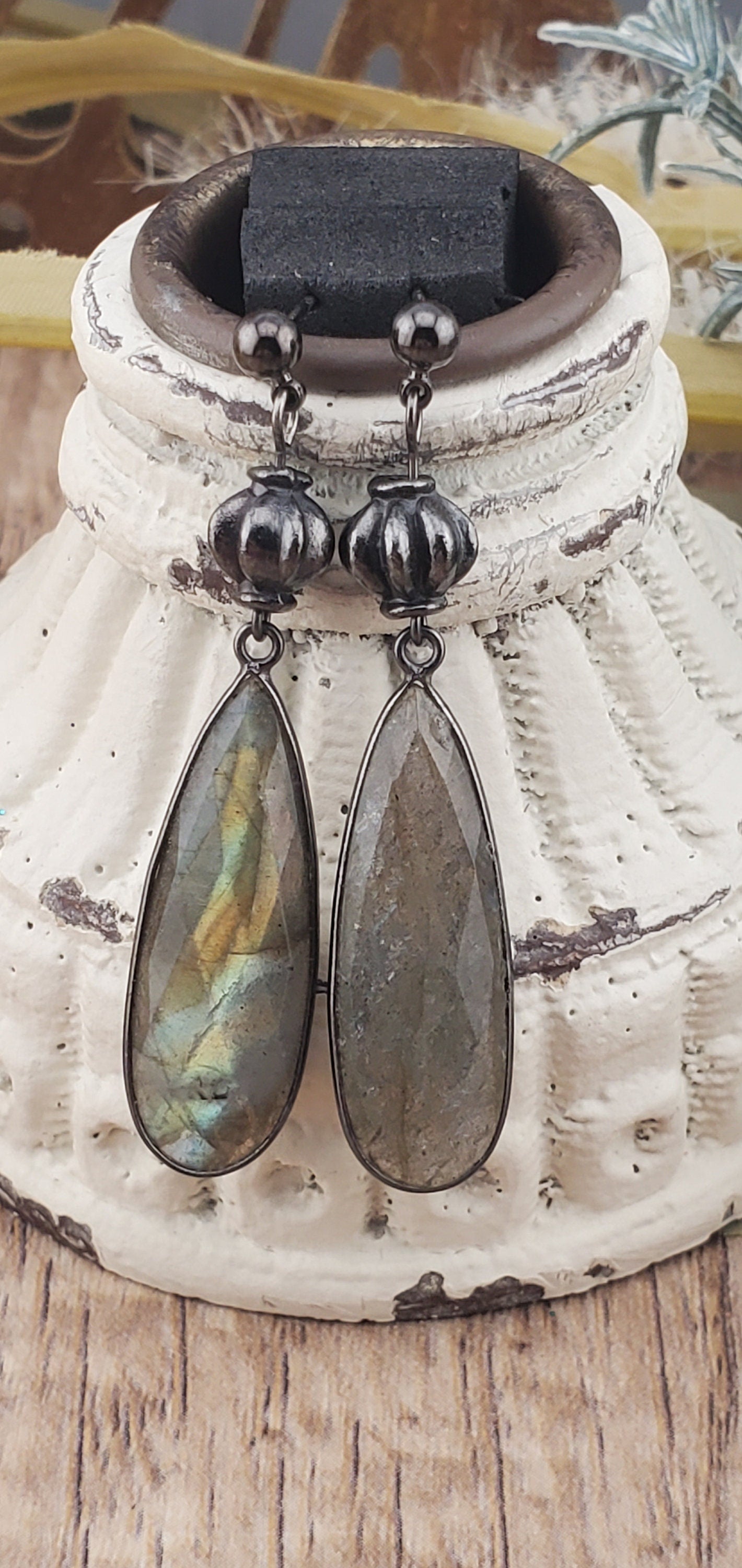 Labradorite 11x34 mm Earrings,Gun Metal Earring Wire