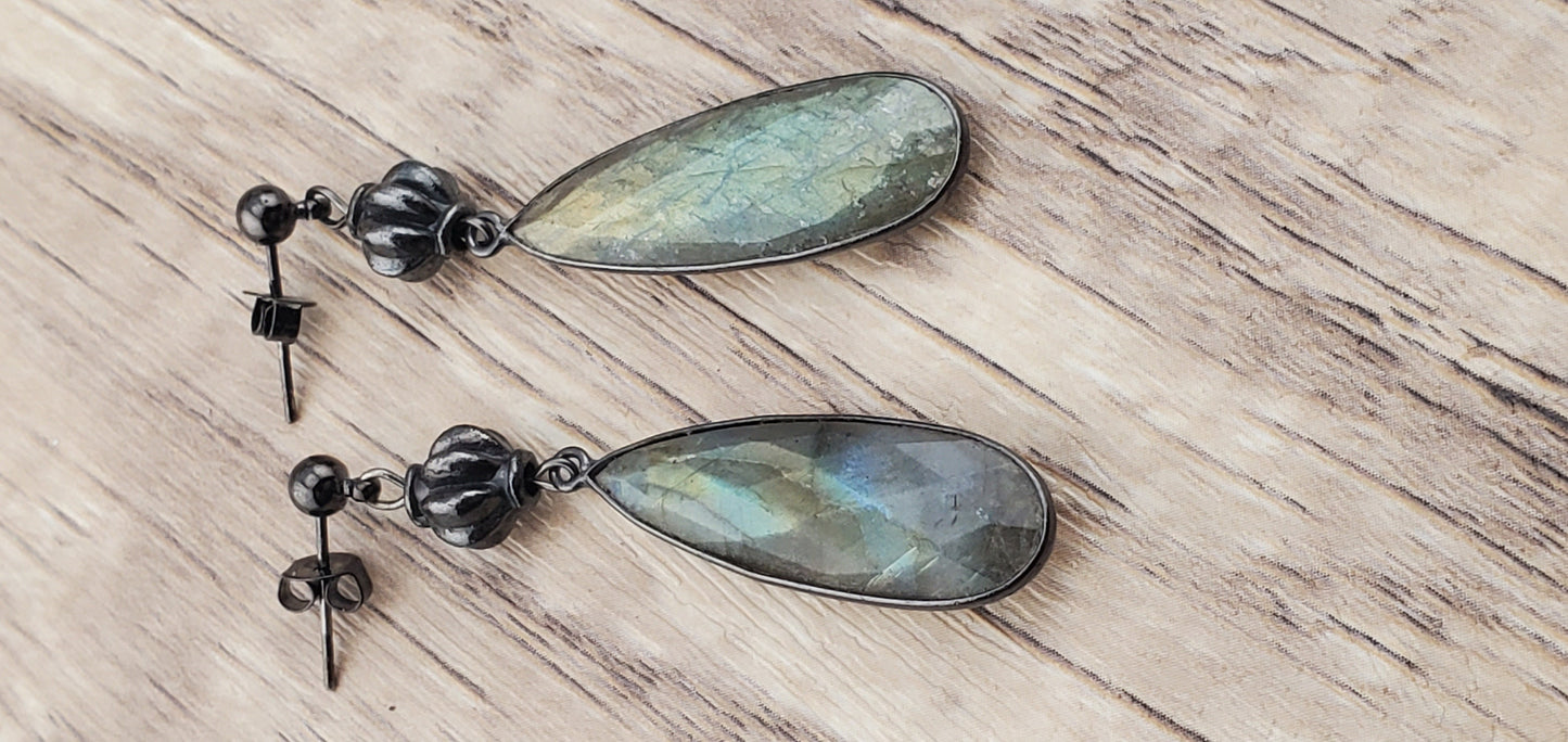 Labradorite 11x34 mm Earrings,Gun Metal Earring Wire