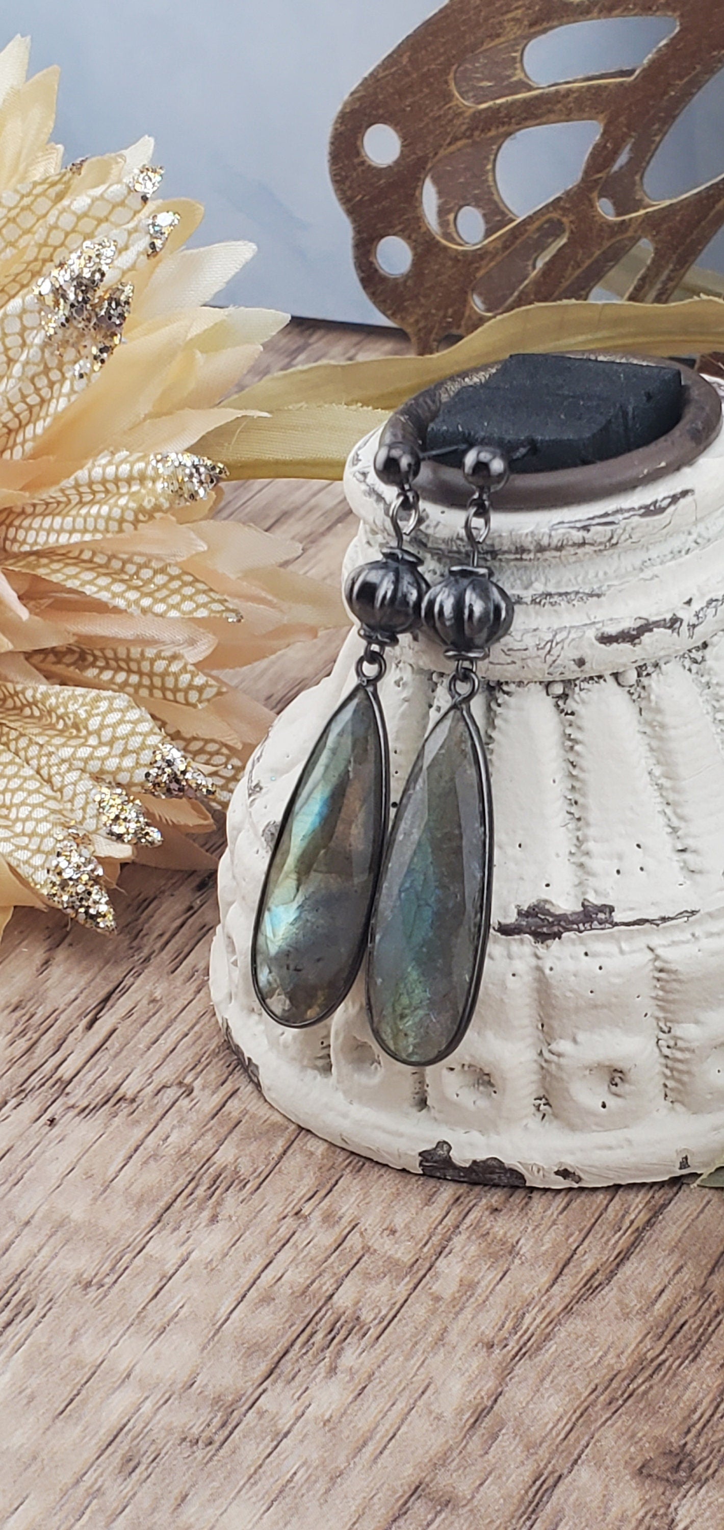 Labradorite 11x34 mm Earrings,Gun Metal Earring Wire