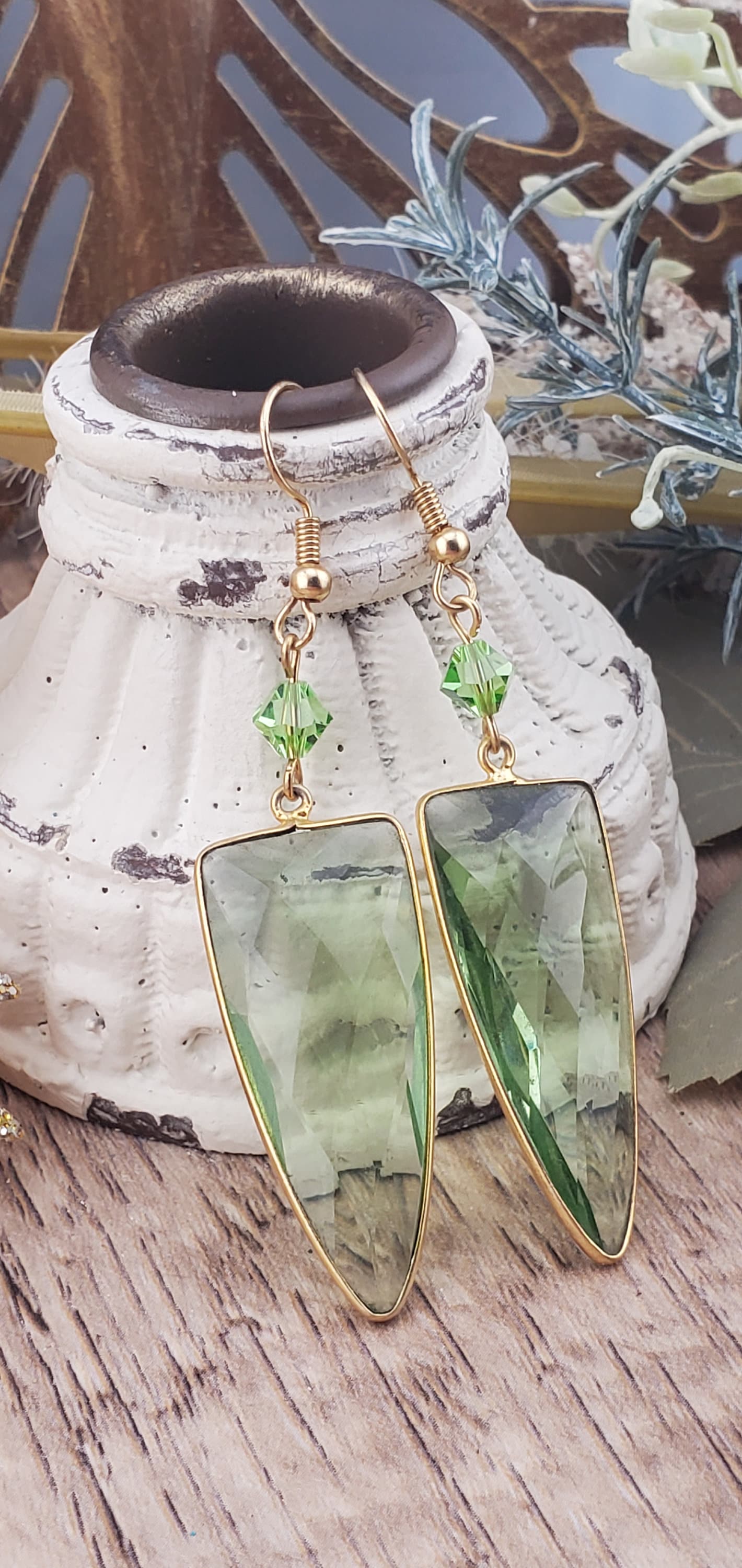 Green Amethyst 16x40 mm Earrings, Gold Plated Earring Wire