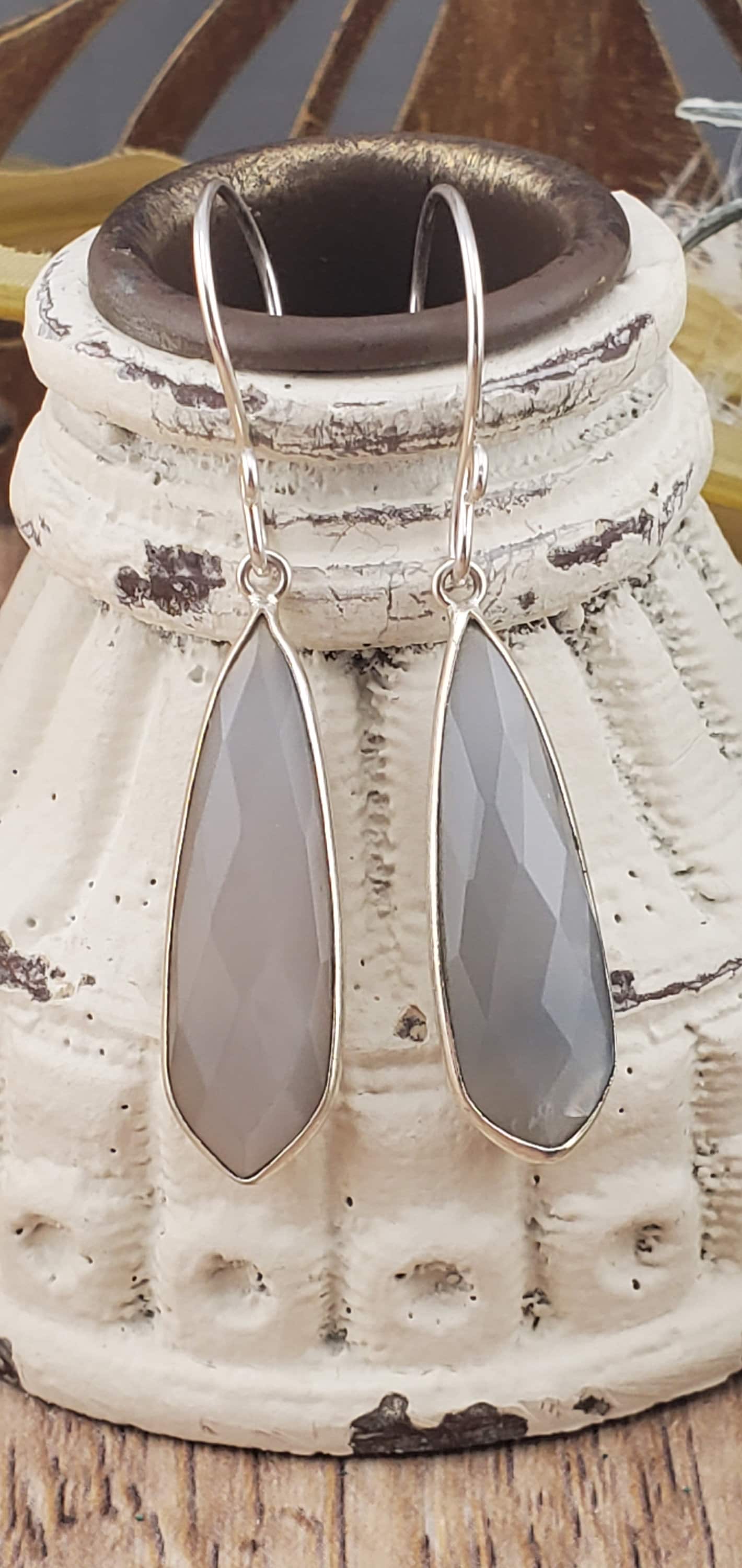 Grey Moonstone 10x32mm Earrings, Silver Filled Earring Wire
