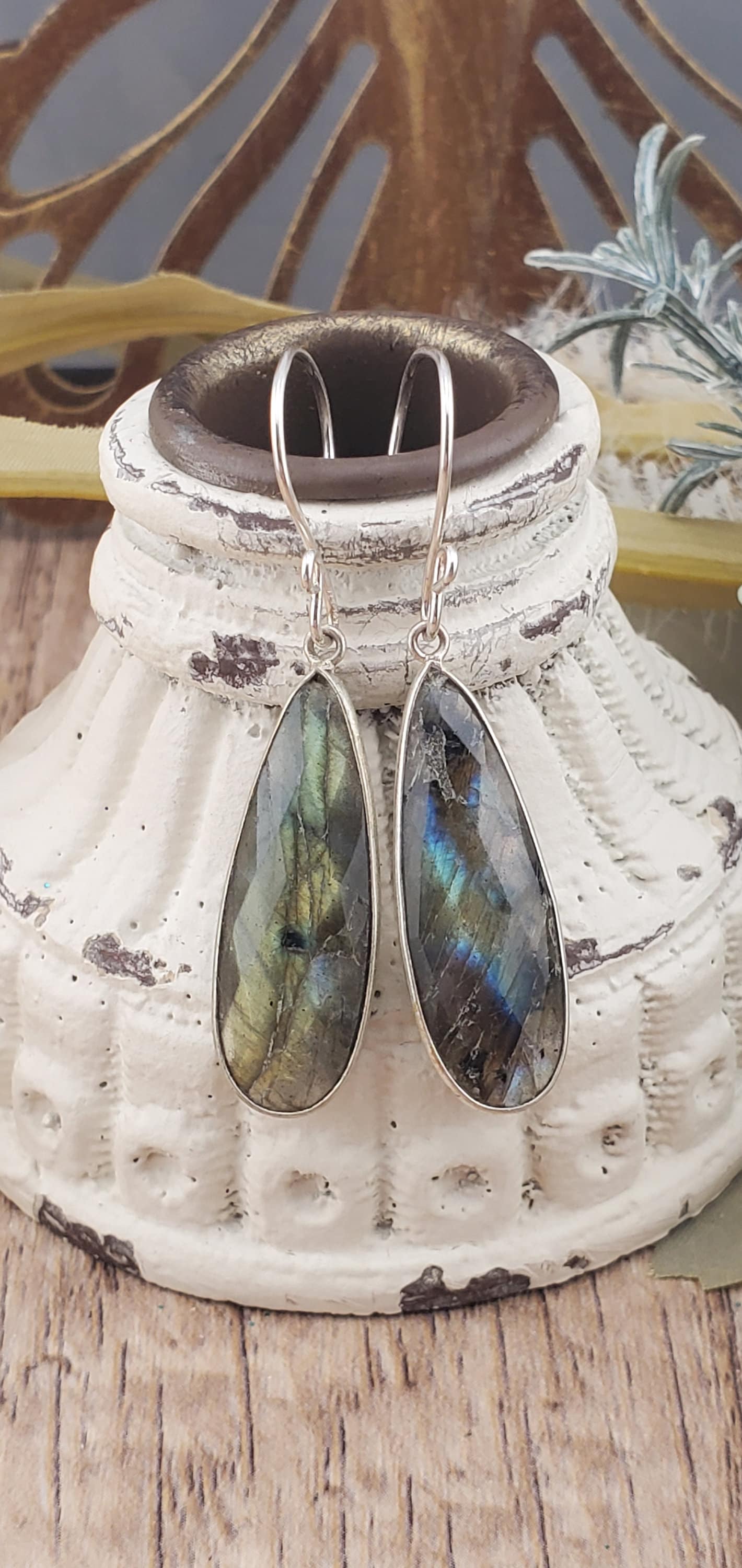 Labradorite 12x35 mm Earrings, Silver Filled Earring Wire