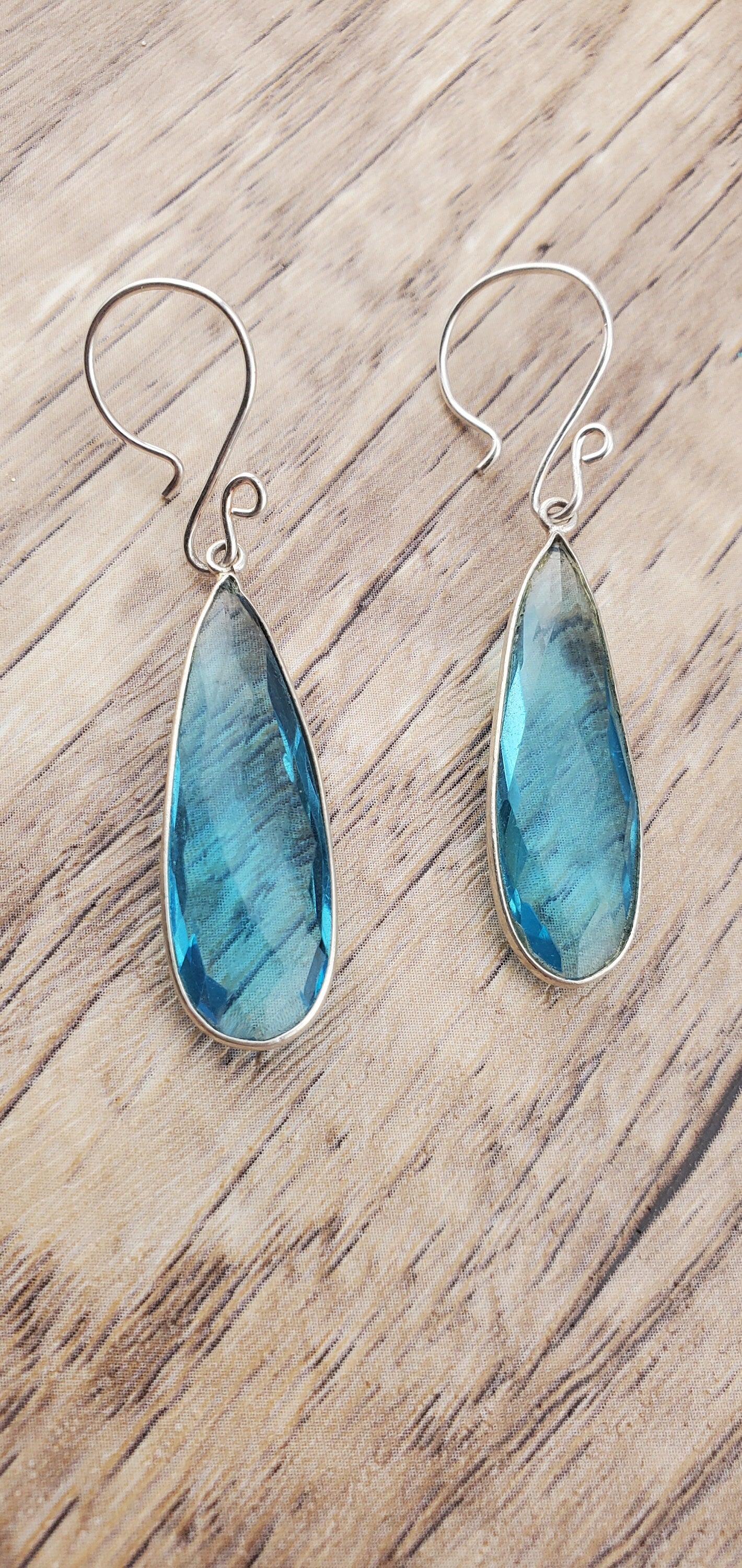 Sky Blue Quartz 11x35 mm Earrings, Silver Filled Earring Wire