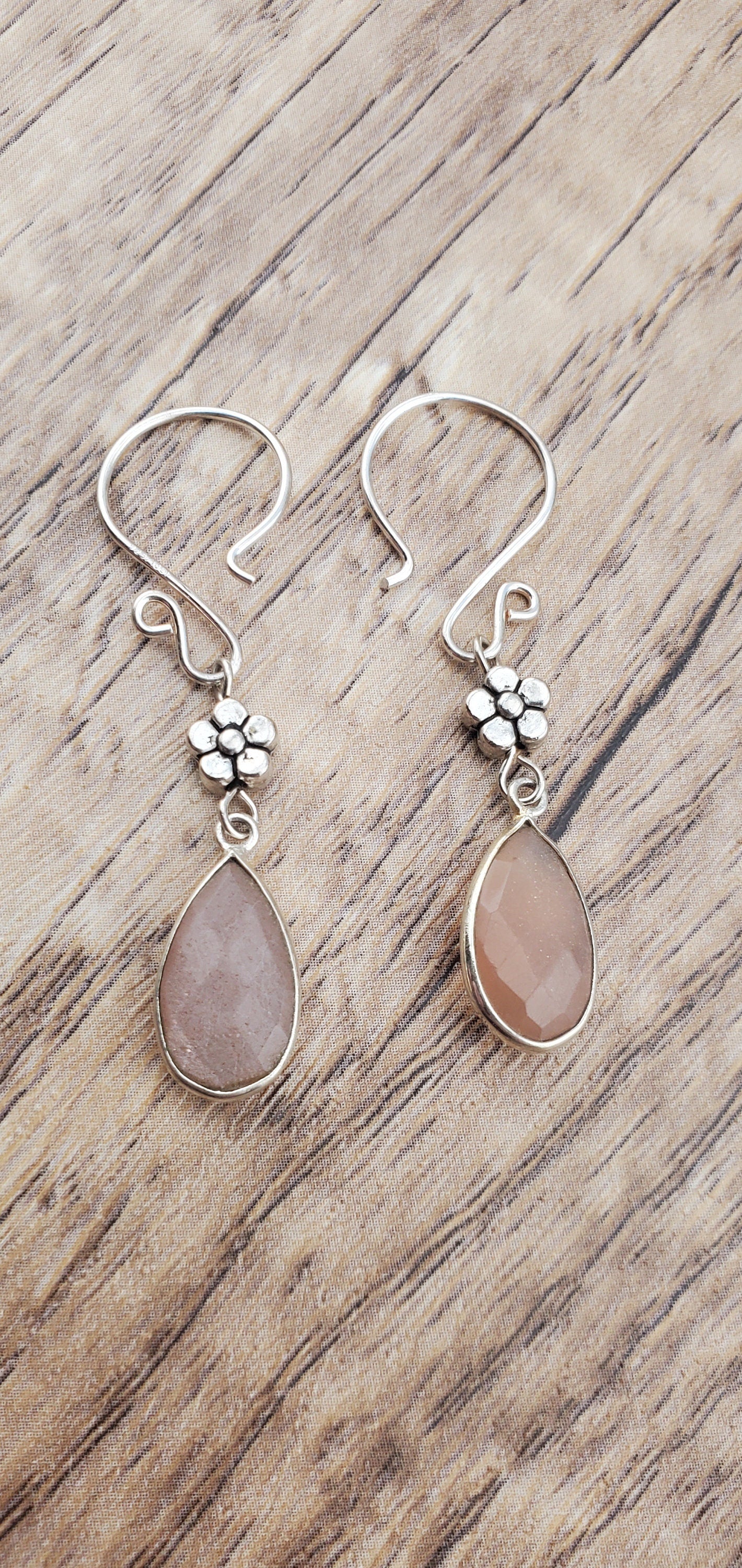 Peach Moonstone 9x18mm Earrings, Silver Filled Earring Wire