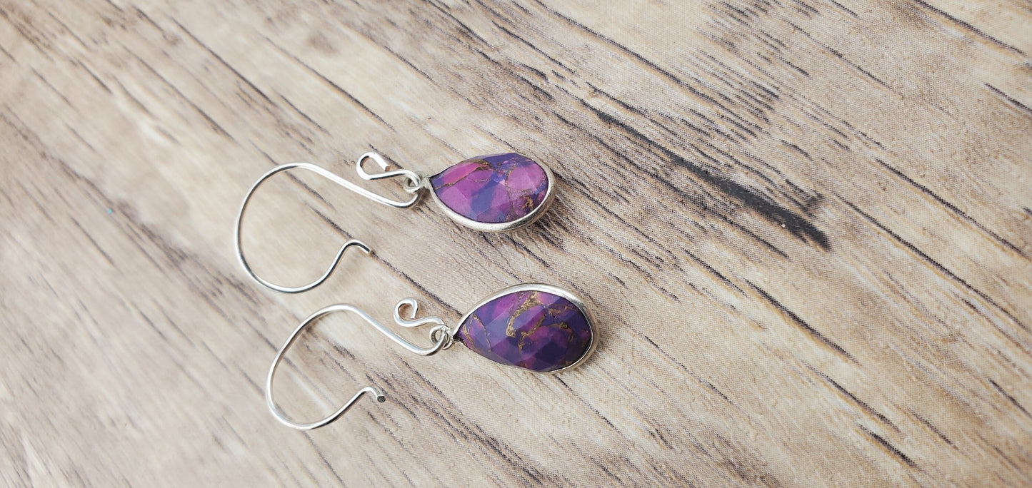 Purple Copper Turquoise 9x18 mm Earrings, Silver Filled Earring Wire