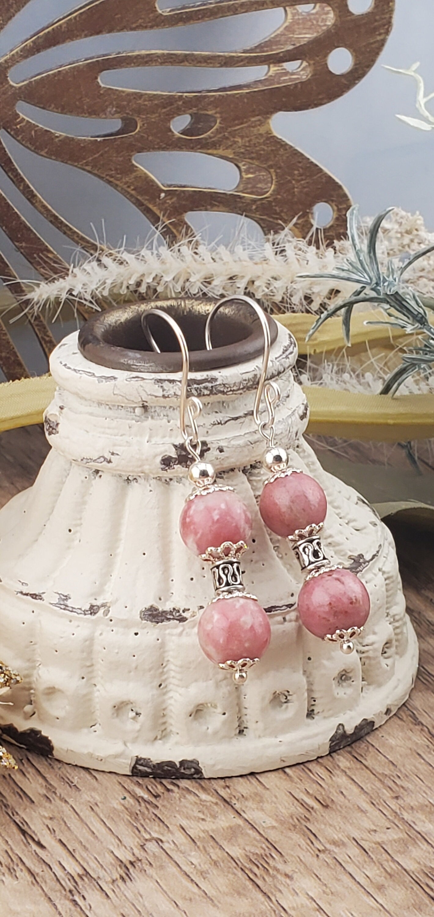 Thulite Banded 10mm Earrings, Silver Filled Earring Wire