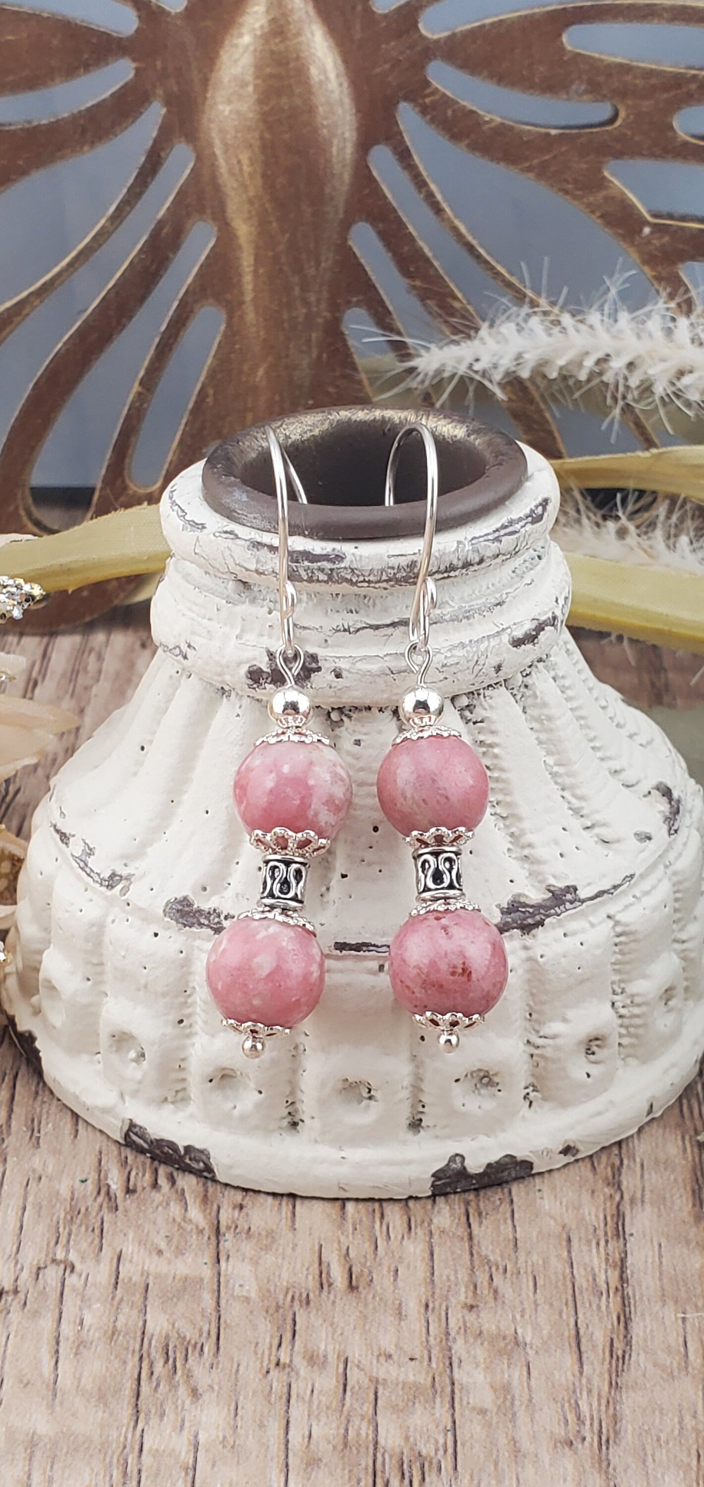 Thulite Banded 10mm Earrings, Silver Filled Earring Wire