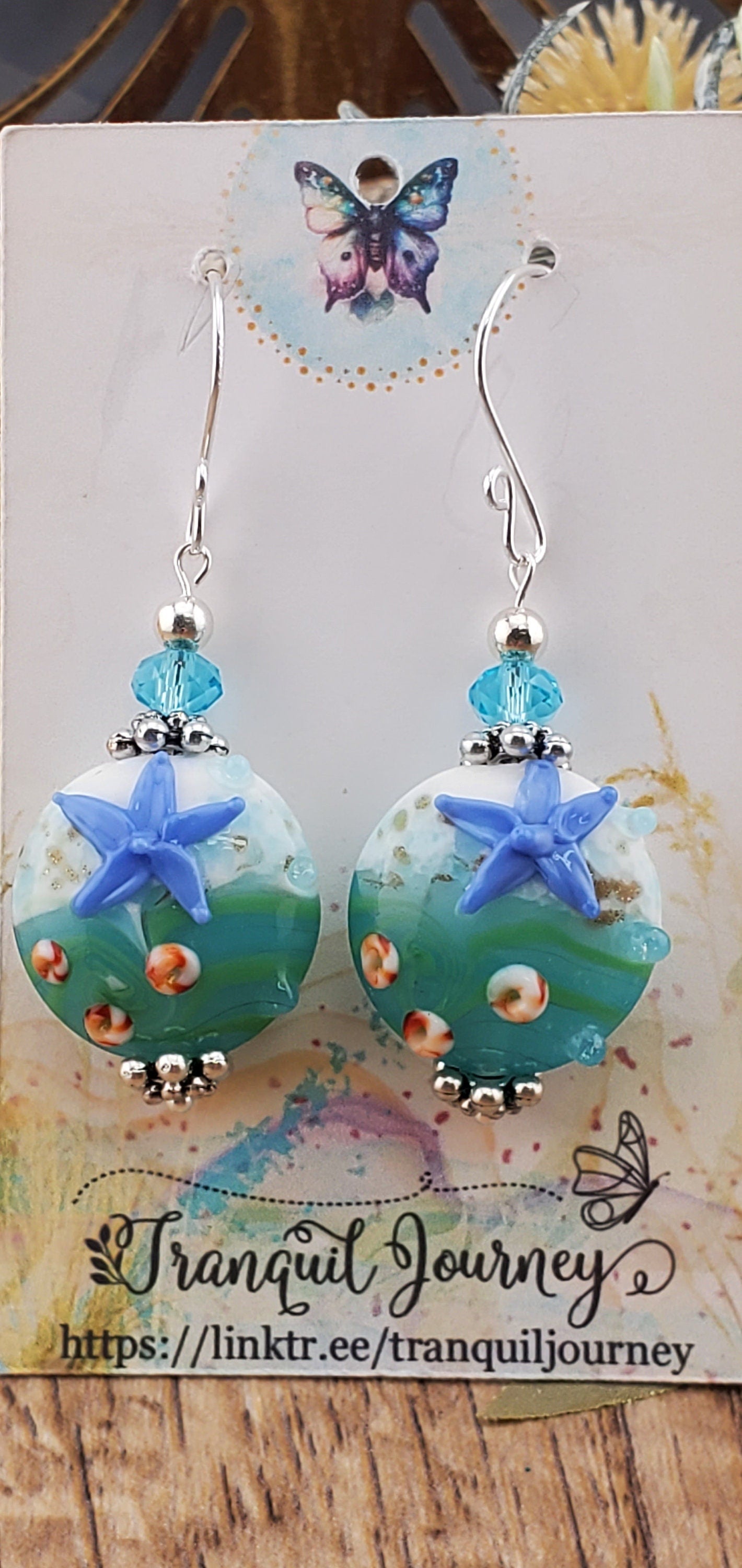 Sea you soon Artisan Glass Earrings, Lampwork Glass Bead handcrafted by a talented artisan, Silver Filled Earring Wire