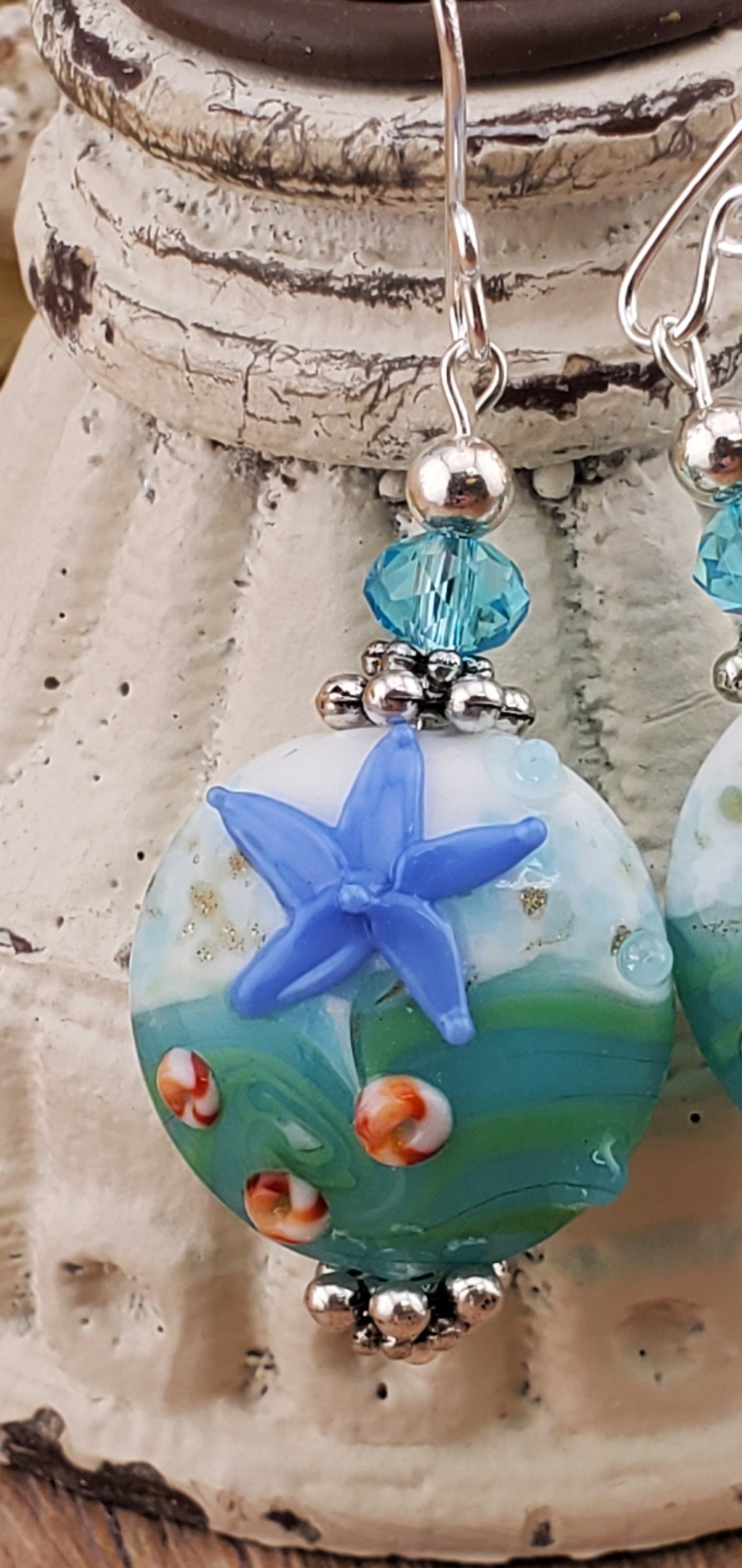 Sea you soon Artisan Glass Earrings, Lampwork Glass Bead handcrafted by a talented artisan, Silver Filled Earring Wire