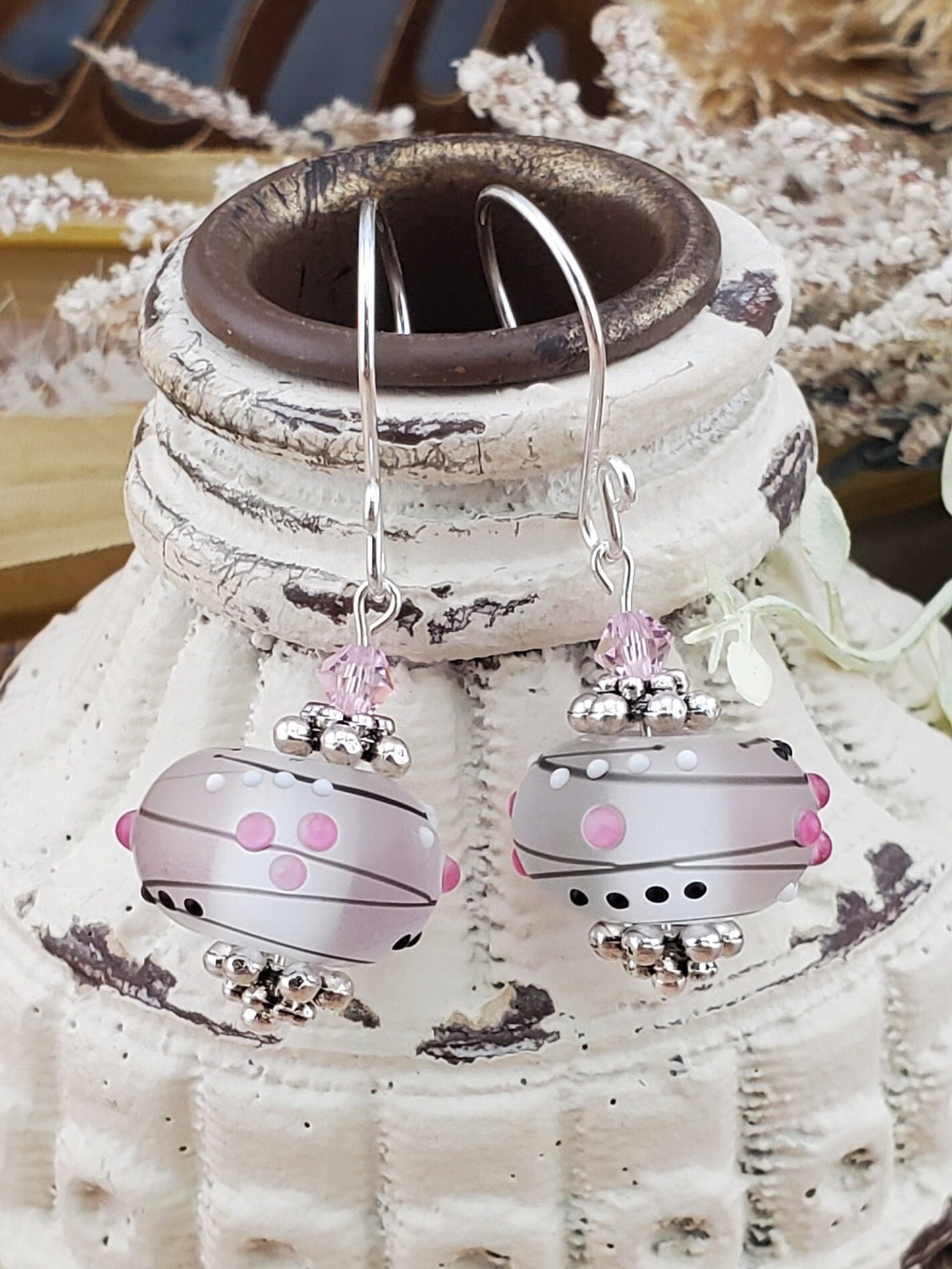 Galaxy Pink Artisan Glass Earrings, Lampwork Glass Bead handcrafted by a talented artisan, Silver Filled Earring Wire