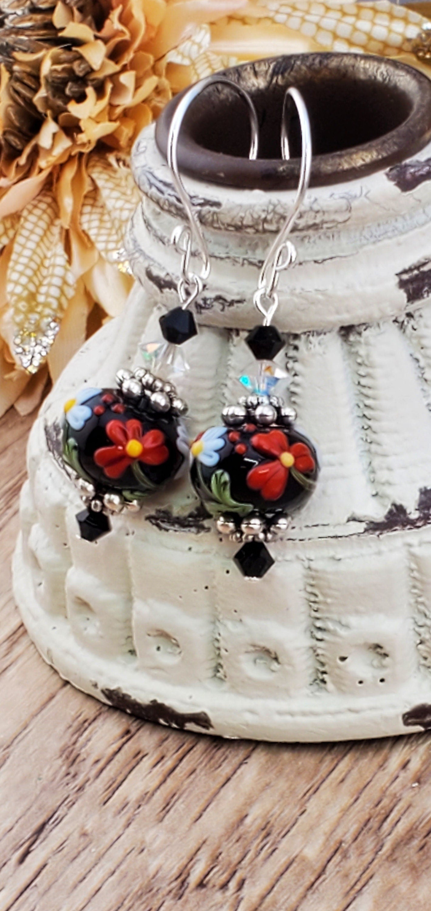 Garden Delights Artisan Glass Earrings, Lampwork Glass Bead handcrafted by a talented artisan, Silver Filled Earring Wire