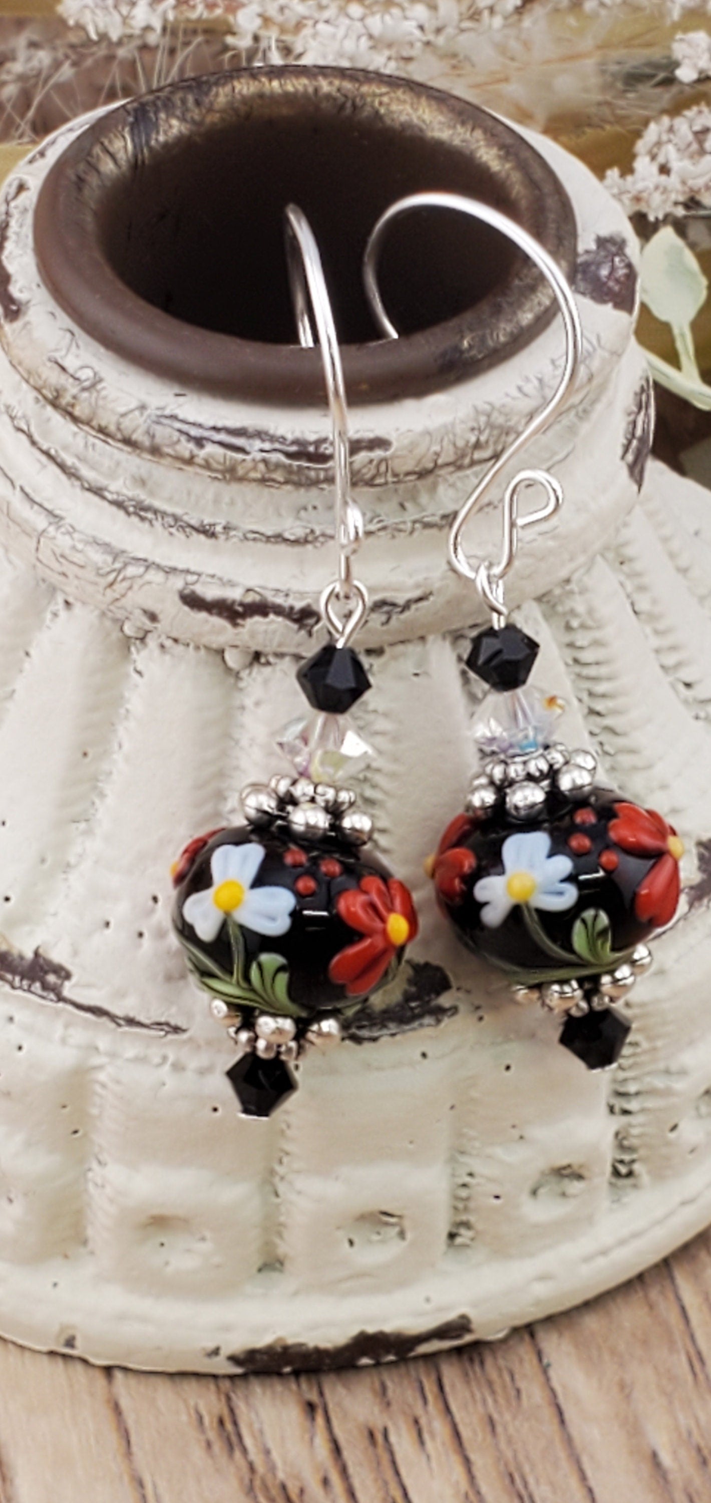 Garden Delights Artisan Glass Earrings, Lampwork Glass Bead handcrafted by a talented artisan, Silver Filled Earring Wire