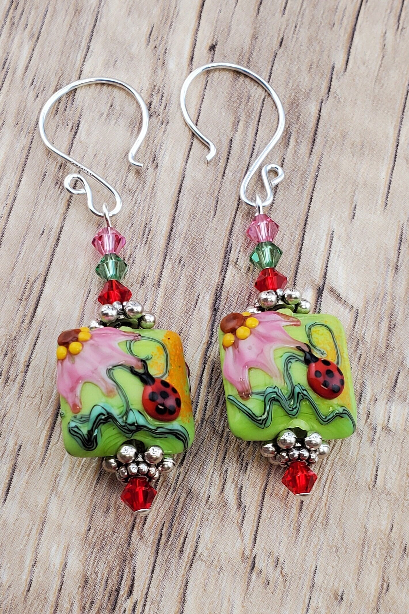 Love Bug Artisan Glass Earrings, Lampwork Glass Bead handcrafted by a talented artisan, Silver Filled Earring Wire