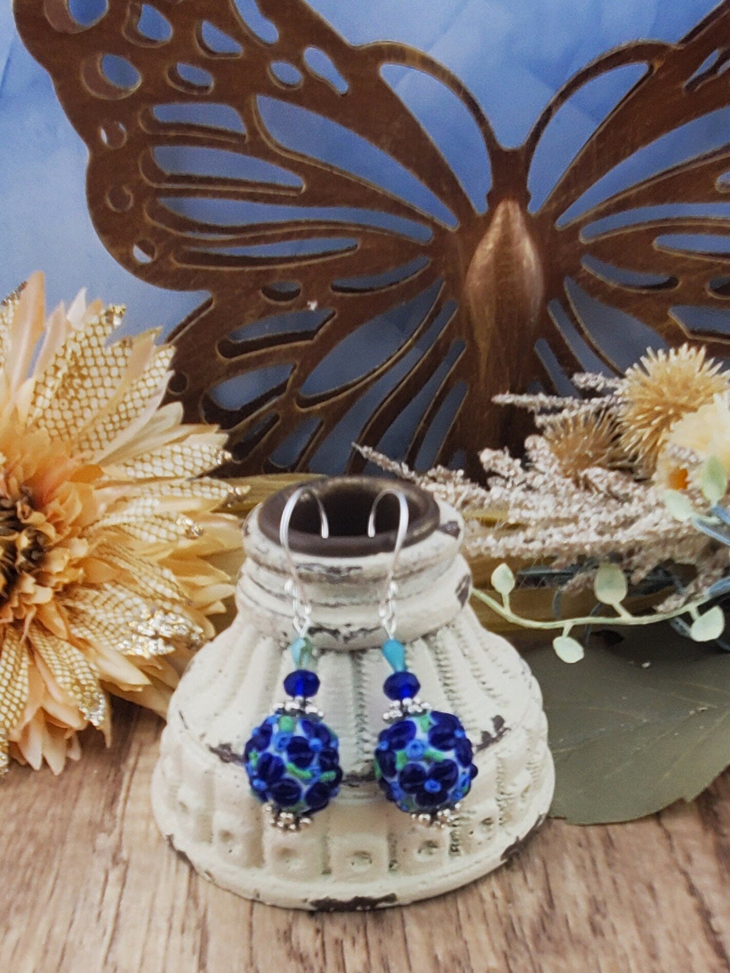 Blue Bonnett Artisan Glass Earrings, Lampwork Glass Bead handcrafted by a talented artisan, Silver Filled Earring Wire