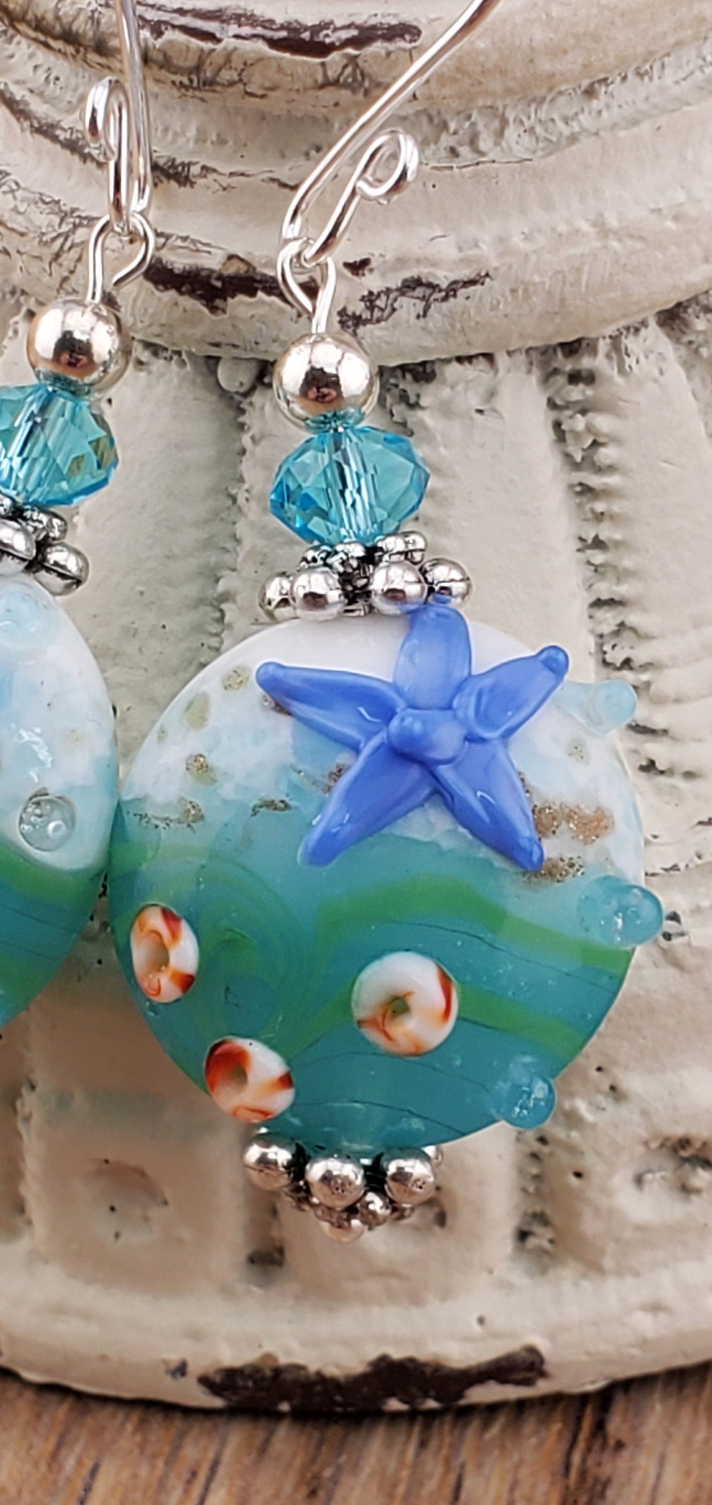 Sea you soon Artisan Glass Earrings, Lampwork Glass Bead handcrafted by a talented artisan, Silver Filled Earring Wire