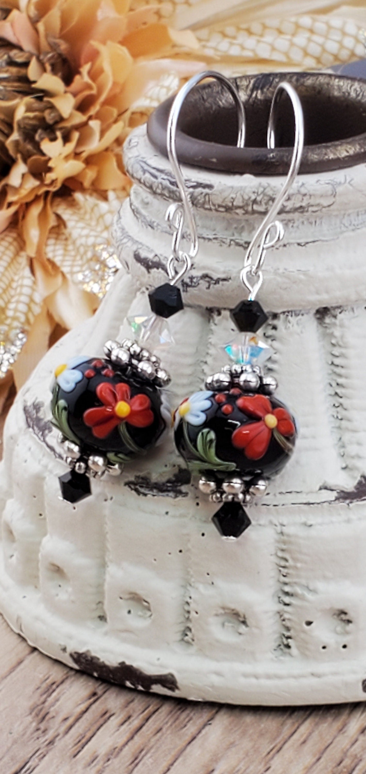 Garden Delights Artisan Glass Earrings, Lampwork Glass Bead handcrafted by a talented artisan, Silver Filled Earring Wire