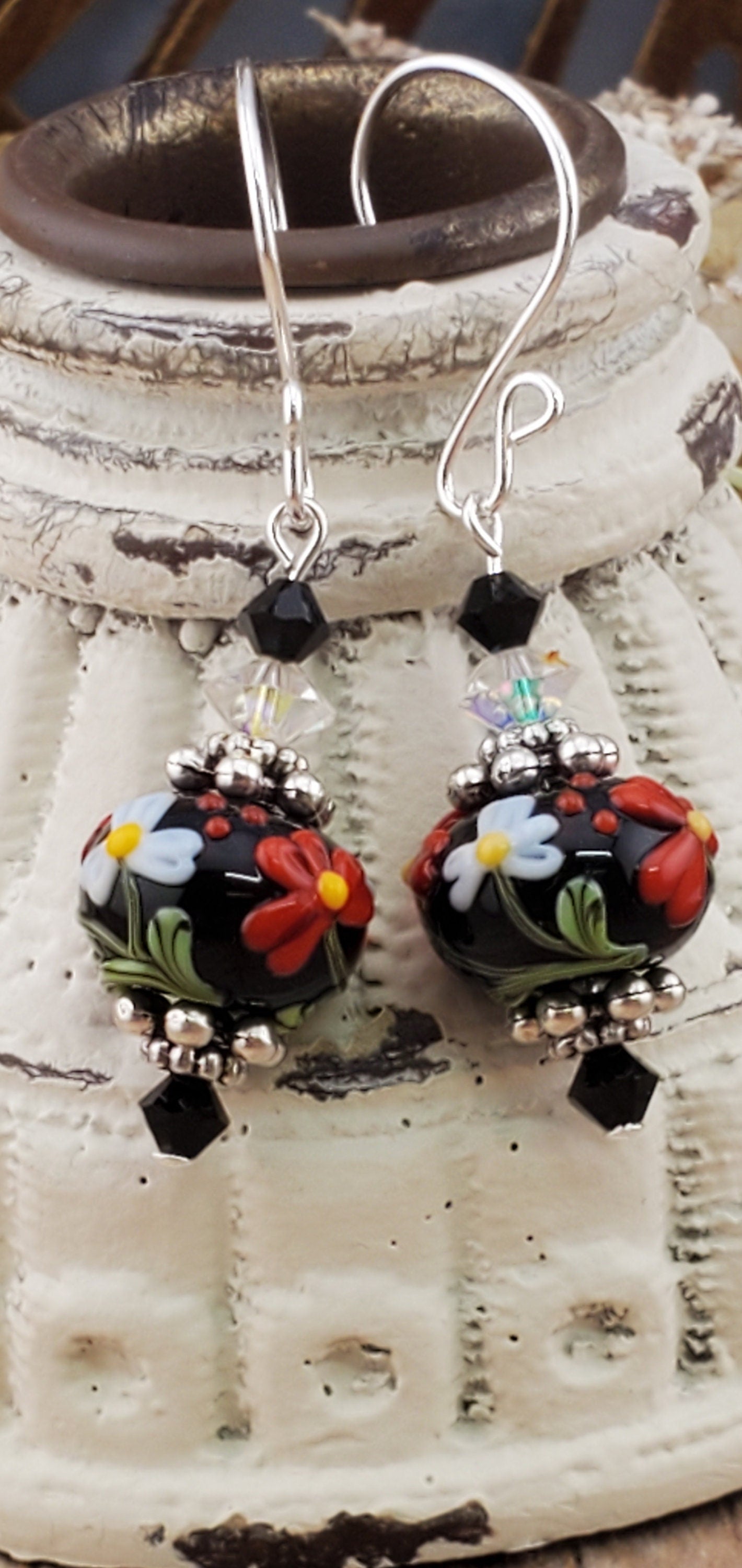 Garden Delights Artisan Glass Earrings, Lampwork Glass Bead handcrafted by a talented artisan, Silver Filled Earring Wire