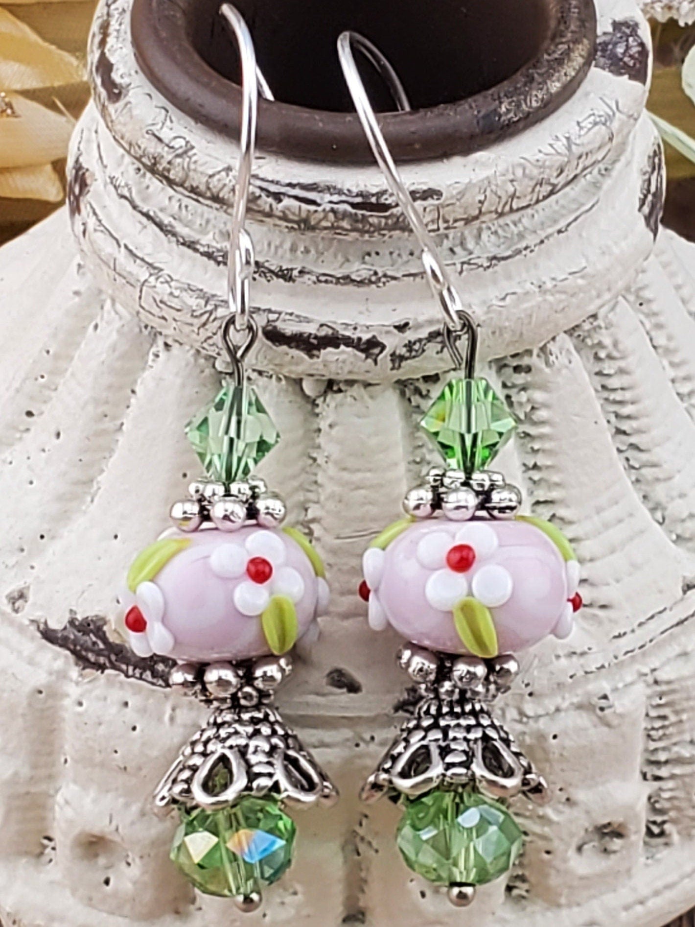 Let Love Bloom Artisan Glass Earrings, Lampwork Glass Bead handcrafted by a talented artisan, Silver Filled Earring Wire