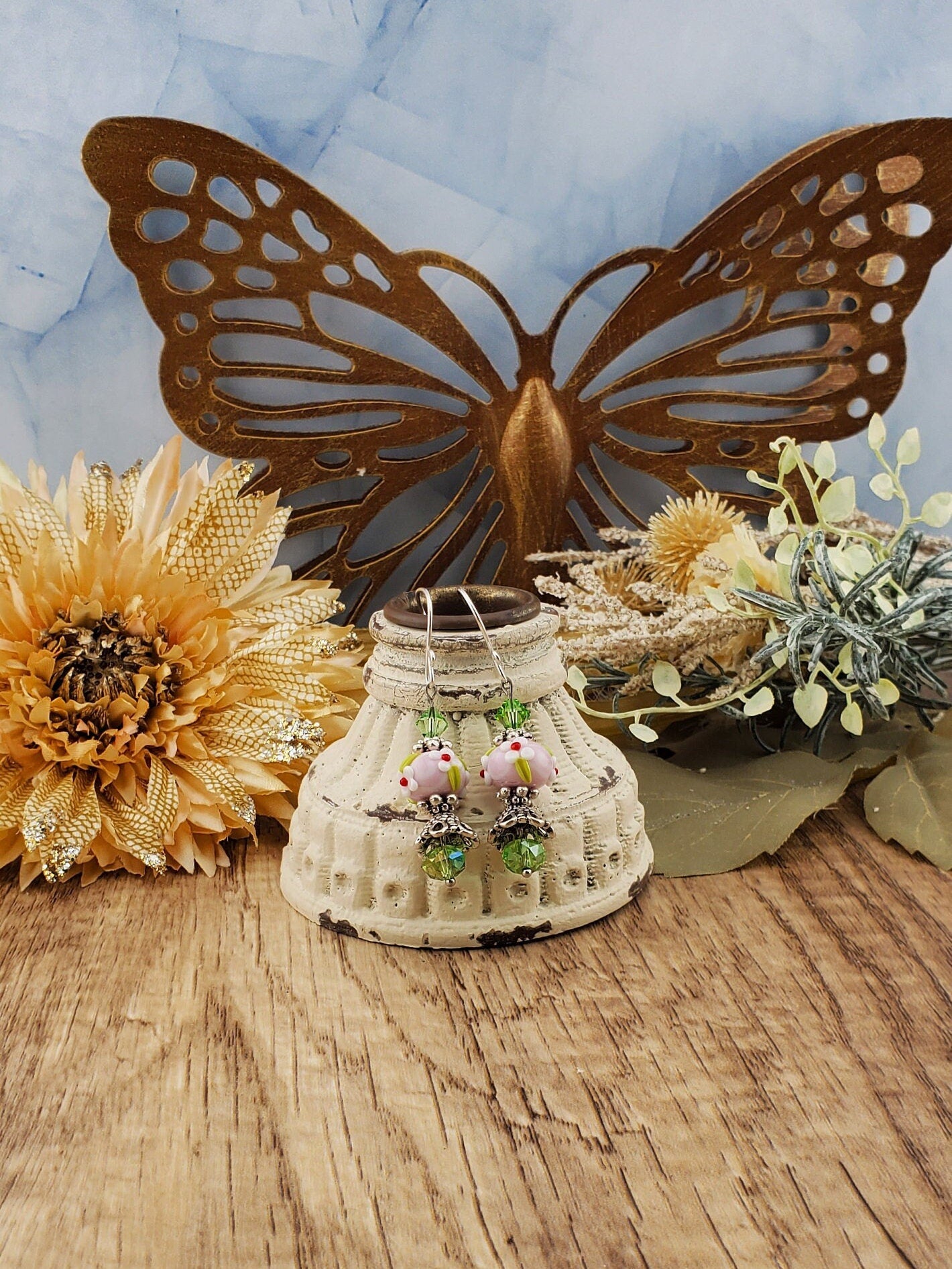Let Love Bloom Artisan Glass Earrings, Lampwork Glass Bead handcrafted by a talented artisan, Silver Filled Earring Wire