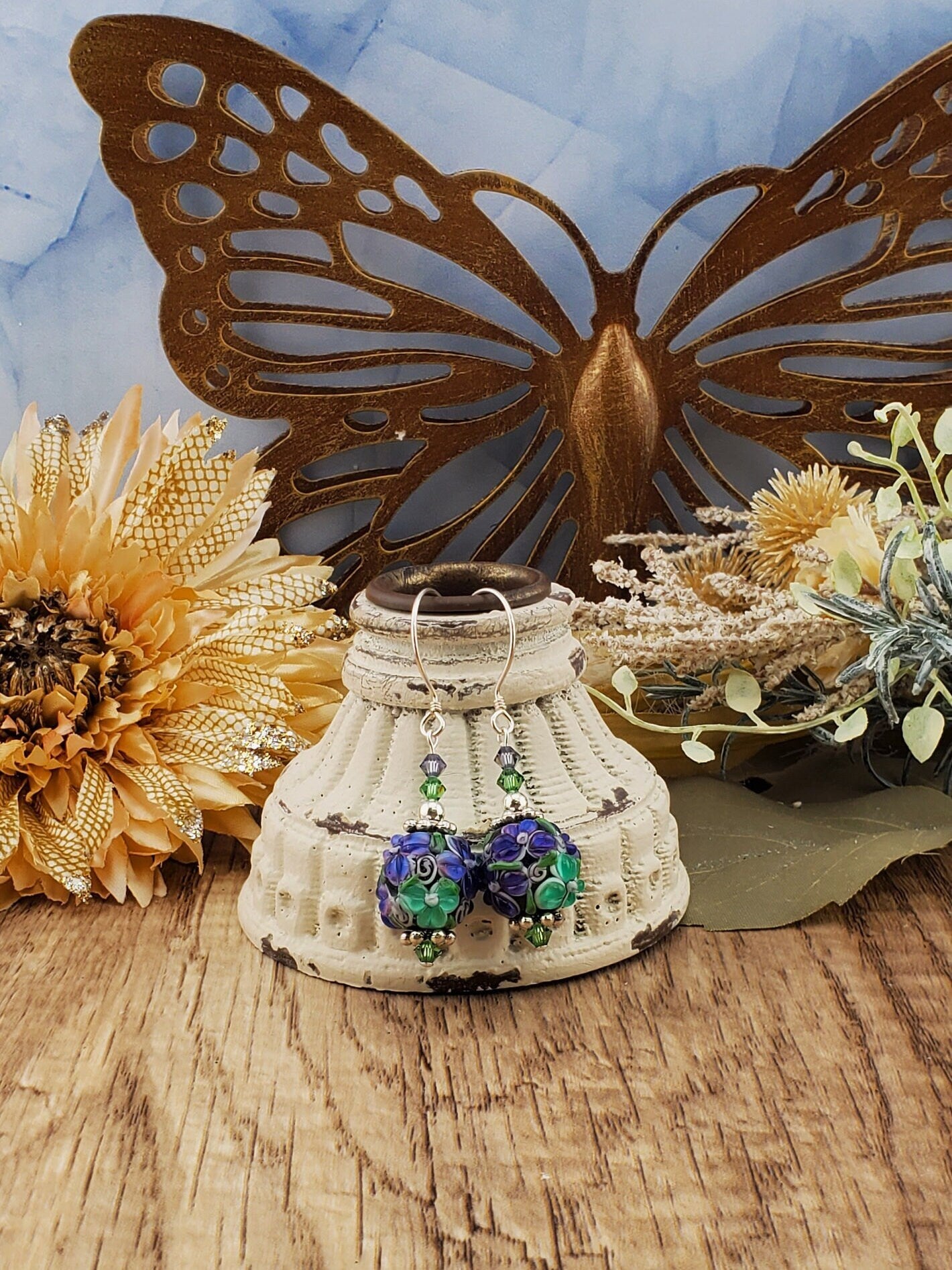 Tranquil Bliss Artisan Glass Earrings, Lampwork Glass Bead handcrafted by an artisan, Sterling Silver Earring Wire