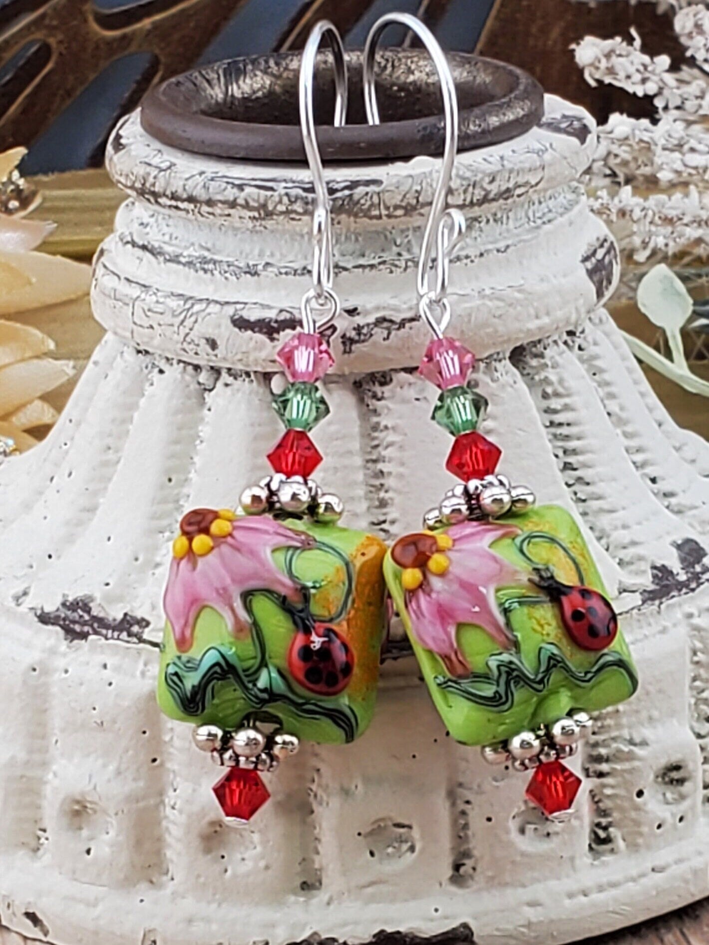 Love Bug Artisan Glass Earrings, Lampwork Glass Bead handcrafted by a talented artisan, Silver Filled Earring Wire