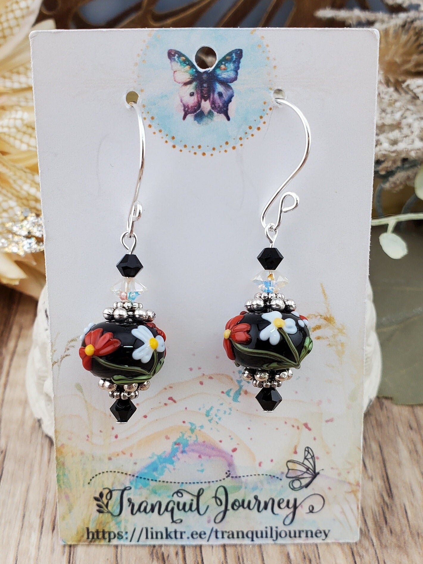Garden Delights Artisan Glass Earrings, Lampwork Glass Bead handcrafted by a talented artisan, Silver Filled Earring Wire