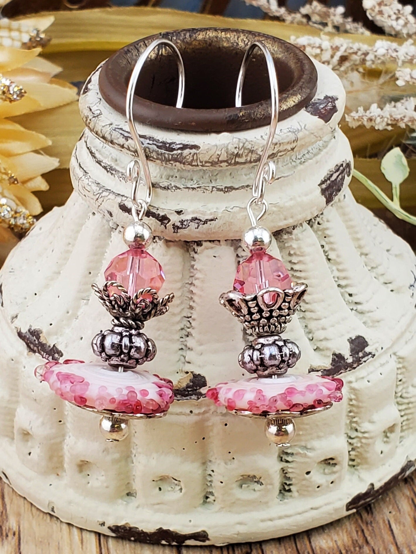 Fountain of Love Artisan Glass Earrings, Lampwork Glass Bead handcrafted by a talented artisan, Silver Filled Earring Wire