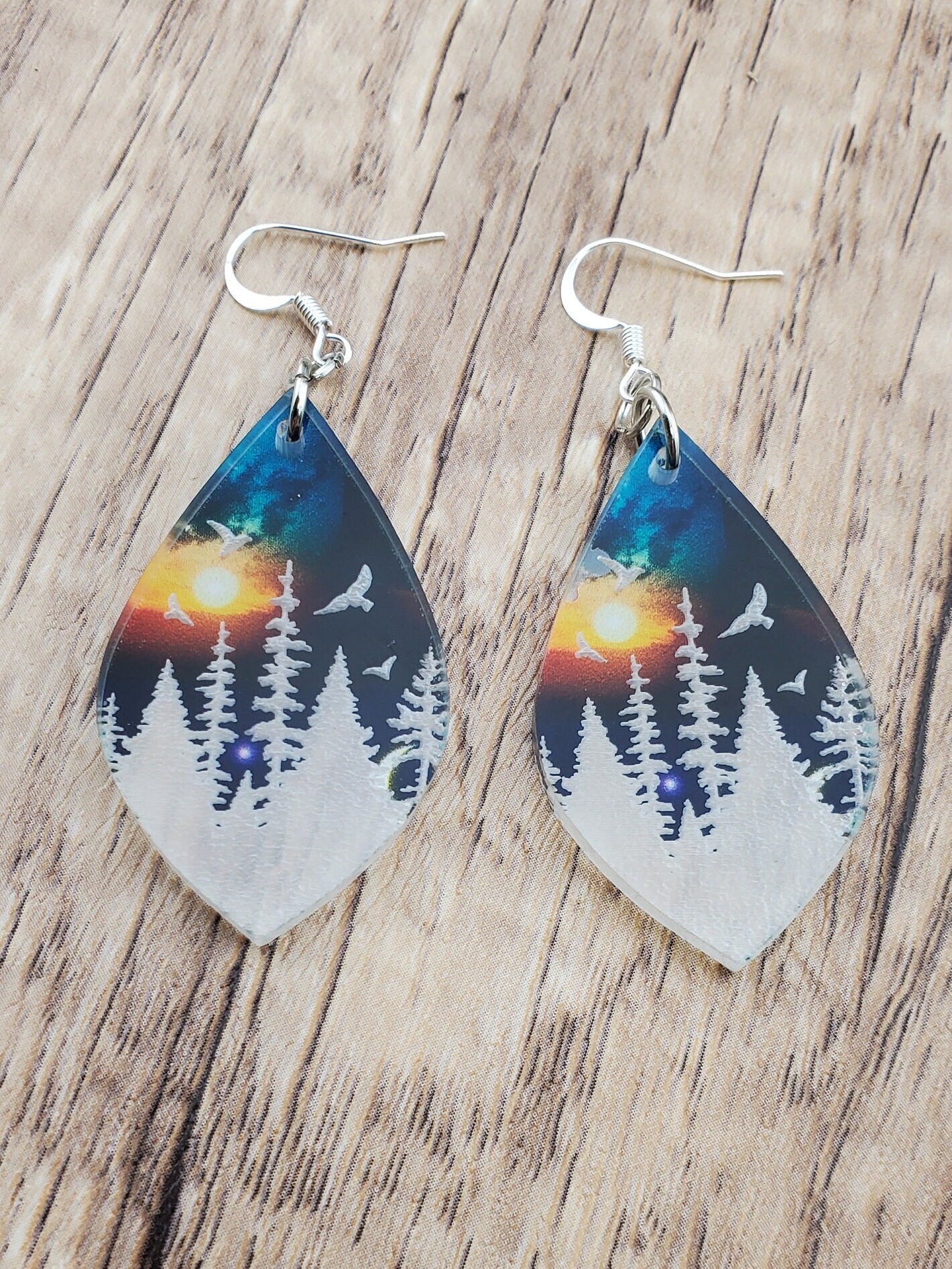 SP Mountain and Lake Sunset Sky - Laser cut Lightweight Acrylic earrings - Silver Plated Hooks