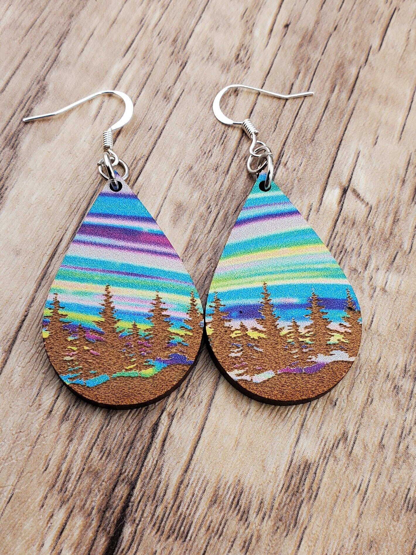 SP Colorful Tree Line earrings - Laser cut Lightweight Wood earrings - Silver Plated Hooks
