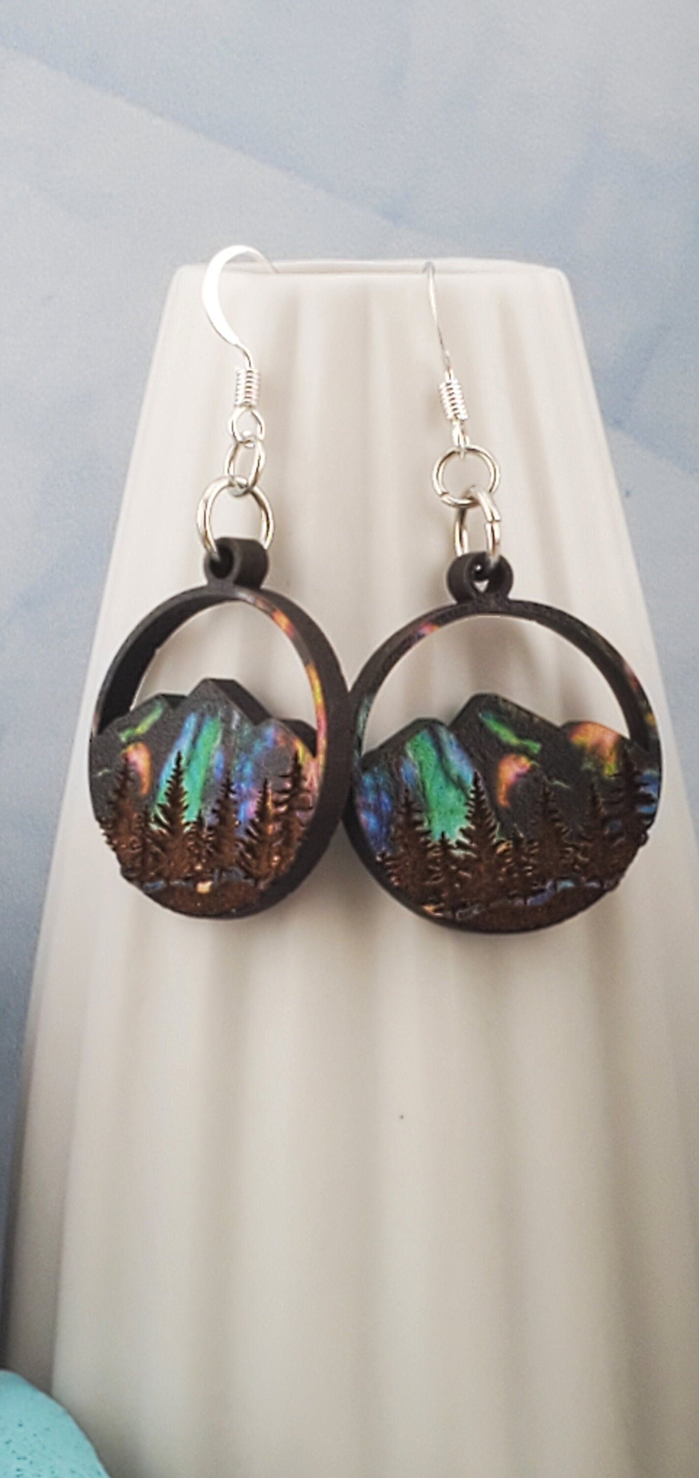 SP Northern Lights over Mountains and Forest - Laser cut Lightweight Wood earrings - Silver Plated Hooks