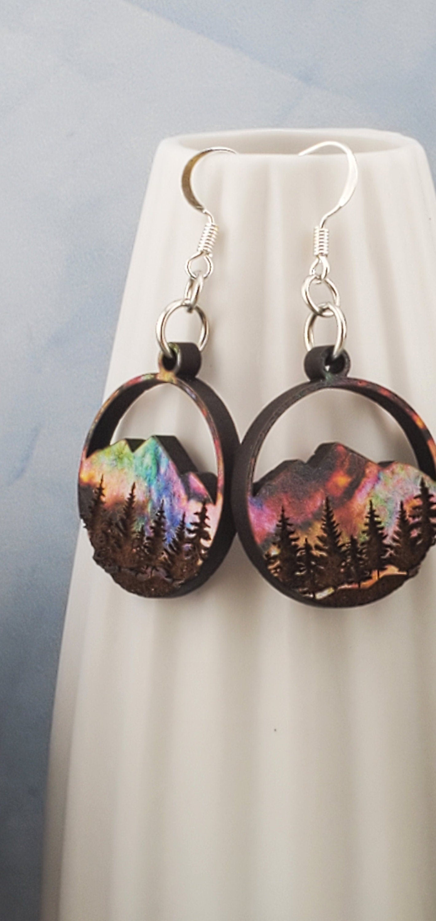 SP Northern Lights over Mountains and Forest - Laser cut Lightweight Wood earrings - Silver Plated Hooks