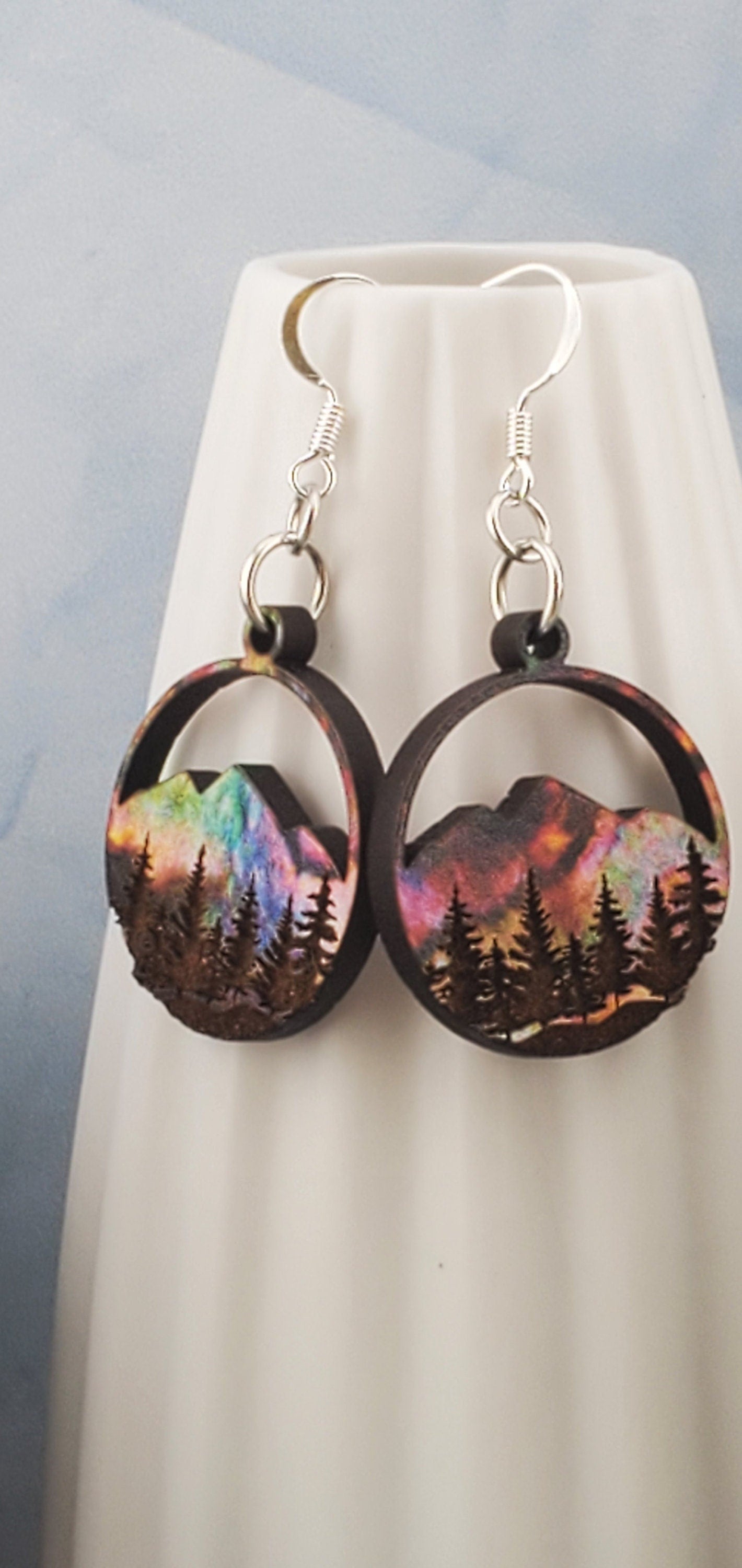 SP Northern Lights over Mountains and Forest - Laser cut Lightweight Wood earrings - Silver Plated Hooks