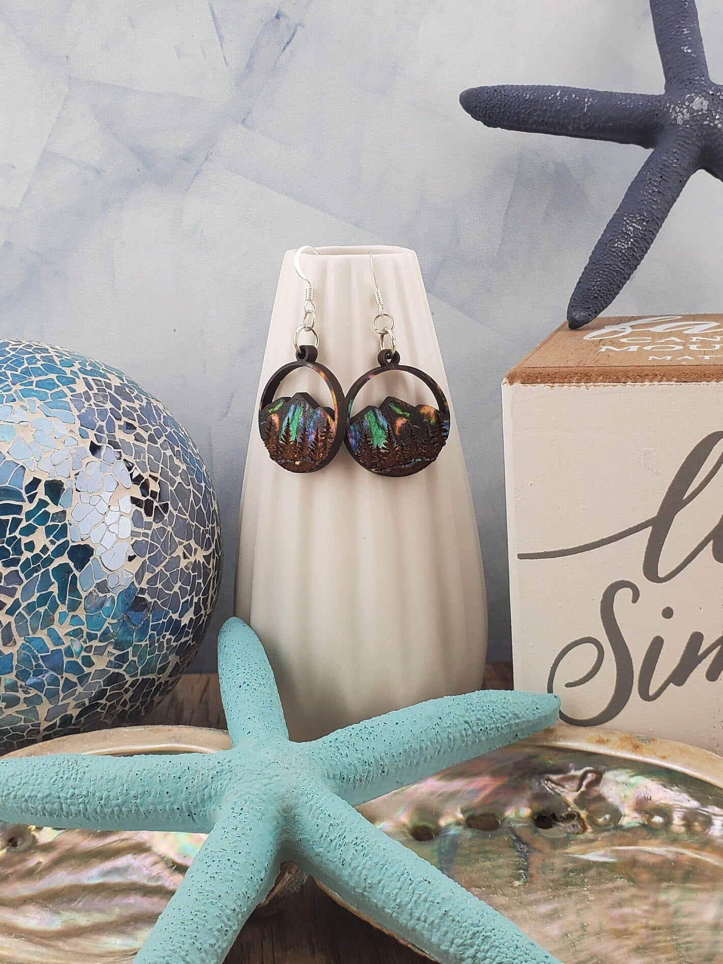 SP Northern Lights over Mountains and Forest - Laser cut Lightweight Wood earrings - Silver Plated Hooks