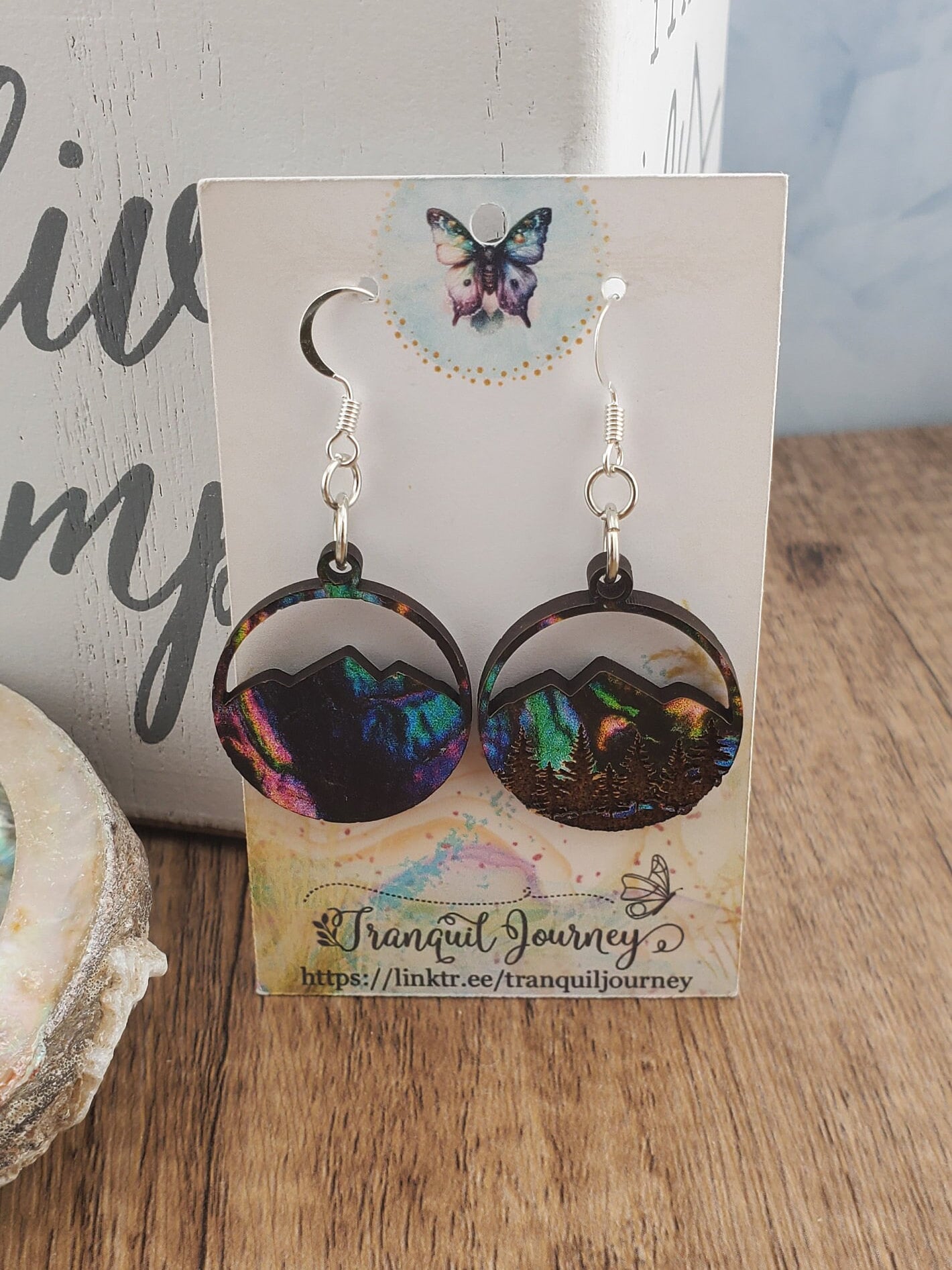 SP Northern Lights over Mountains and Forest - Laser cut Lightweight Wood earrings - Silver Plated Hooks