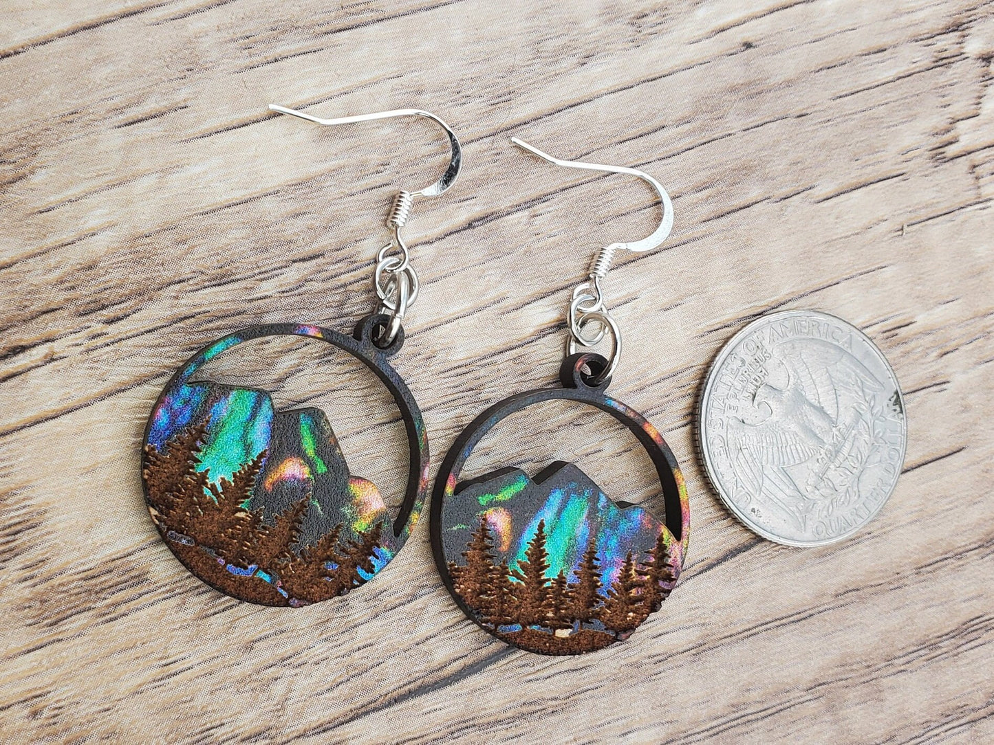 SP Northern Lights over Mountains and Forest - Laser cut Lightweight Wood earrings - Silver Plated Hooks