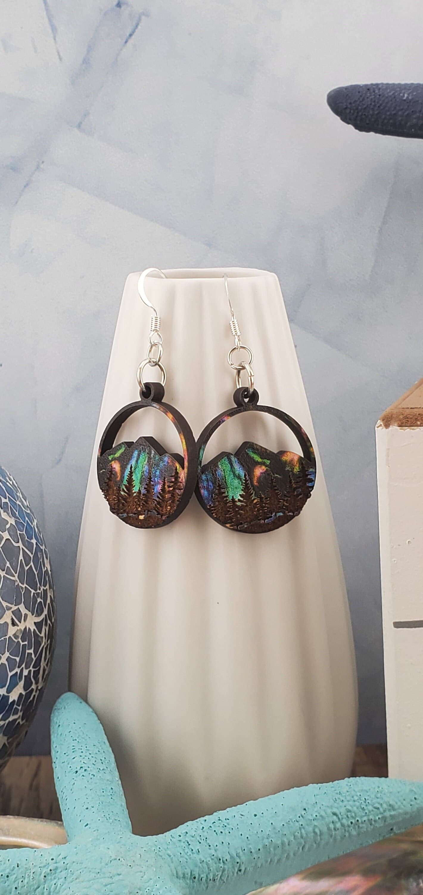 SP Northern Lights over Mountains and Forest - Laser cut Lightweight Wood earrings - Silver Plated Hooks