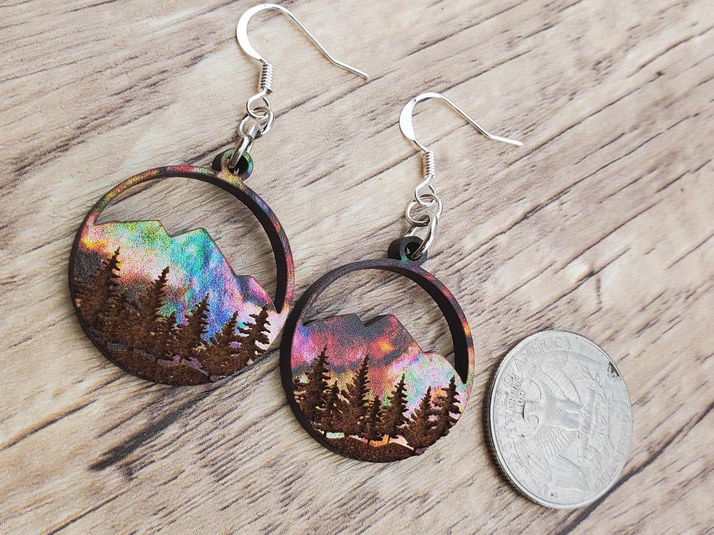 SP Northern Lights over Mountains and Forest - Laser cut Lightweight Wood earrings - Silver Plated Hooks