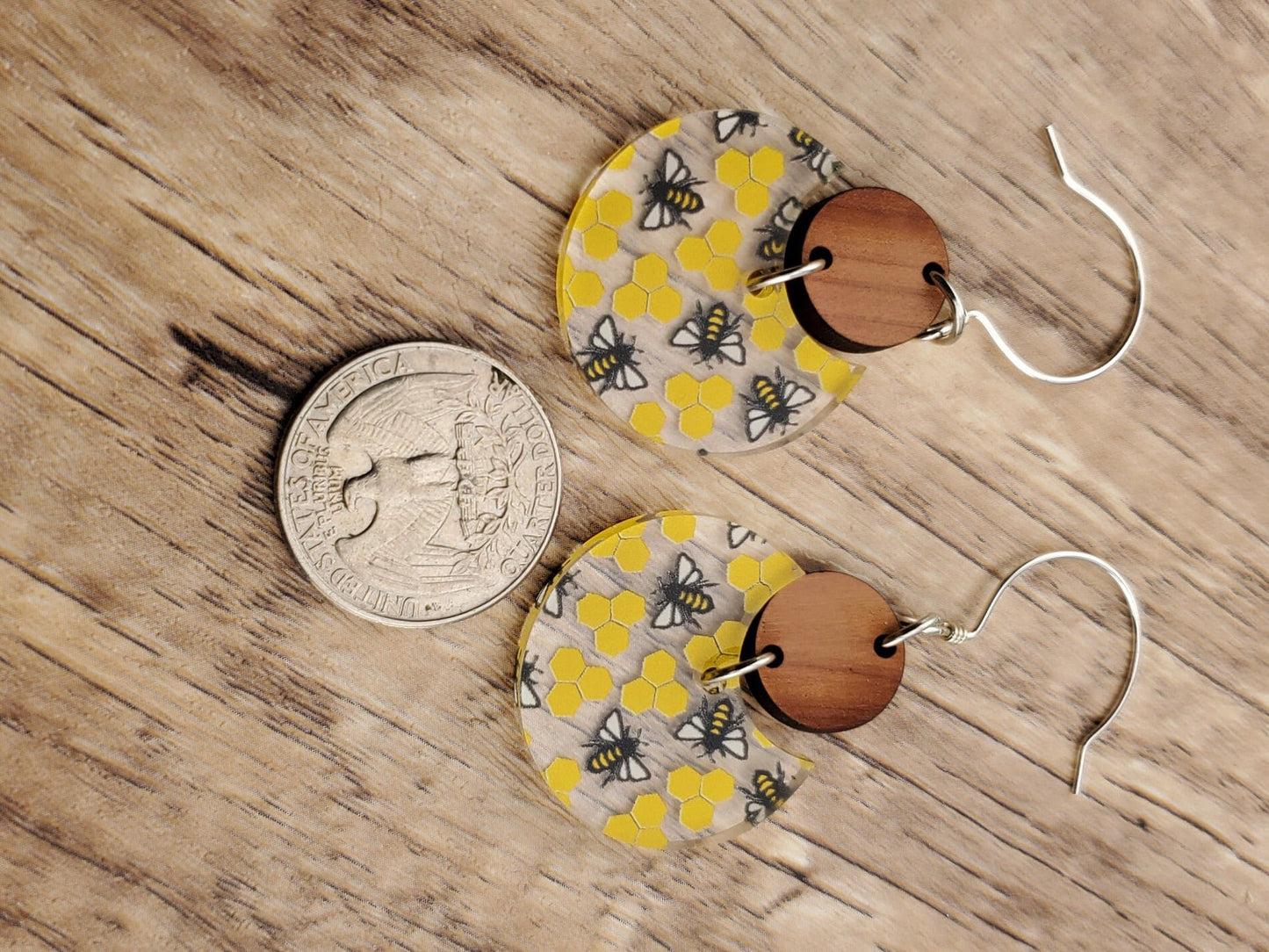 Honey Bee Dangle Earrings - Laser cut Lightweight Wood and Acrylic earrings - Sterling Silver Hooks