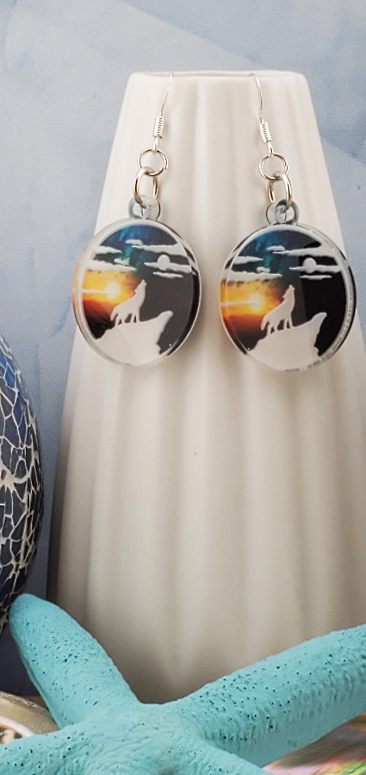 SP Howling Wolf- Sunset Sky earrings - Laser cut Lightweight Acrylic earrings - Silver Plated Hooks