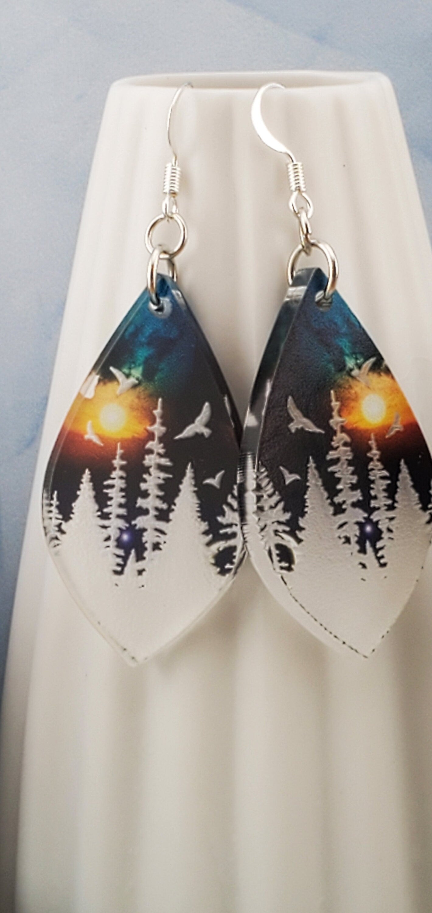 SP Mountain and Lake Sunset Sky - Laser cut Lightweight Acrylic earrings - Silver Plated Hooks