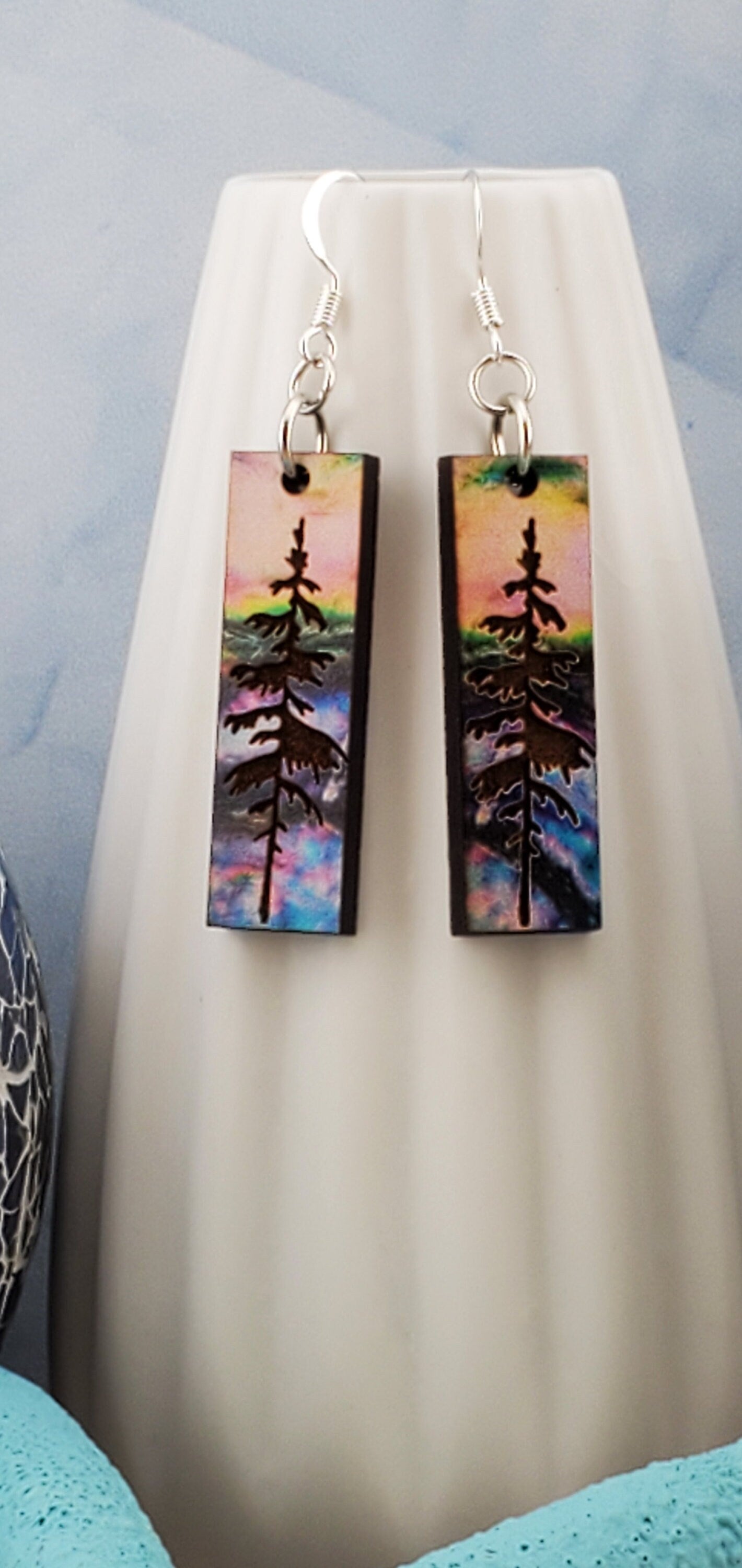 SP Colorful Mountain Sky and Tree earrings - Laser cut Lightweight Wood earrings - Silver Plated Hooks