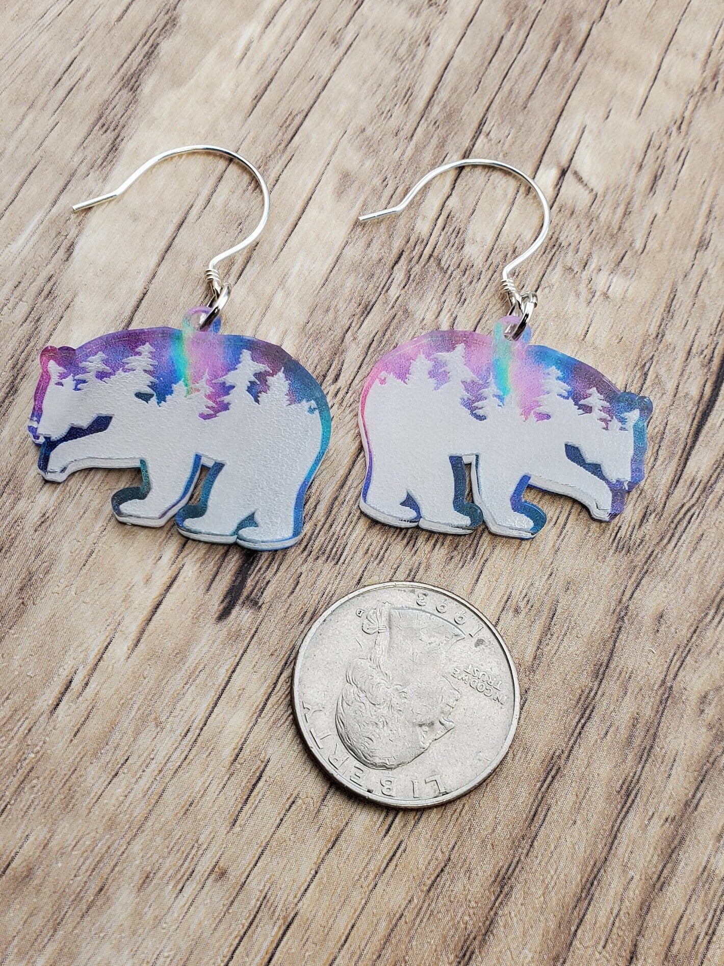 SP Northern Light Treeline Polar Bear earrings - Laser cut Lightweight Acrylic earrings - Silver Plated Hooks