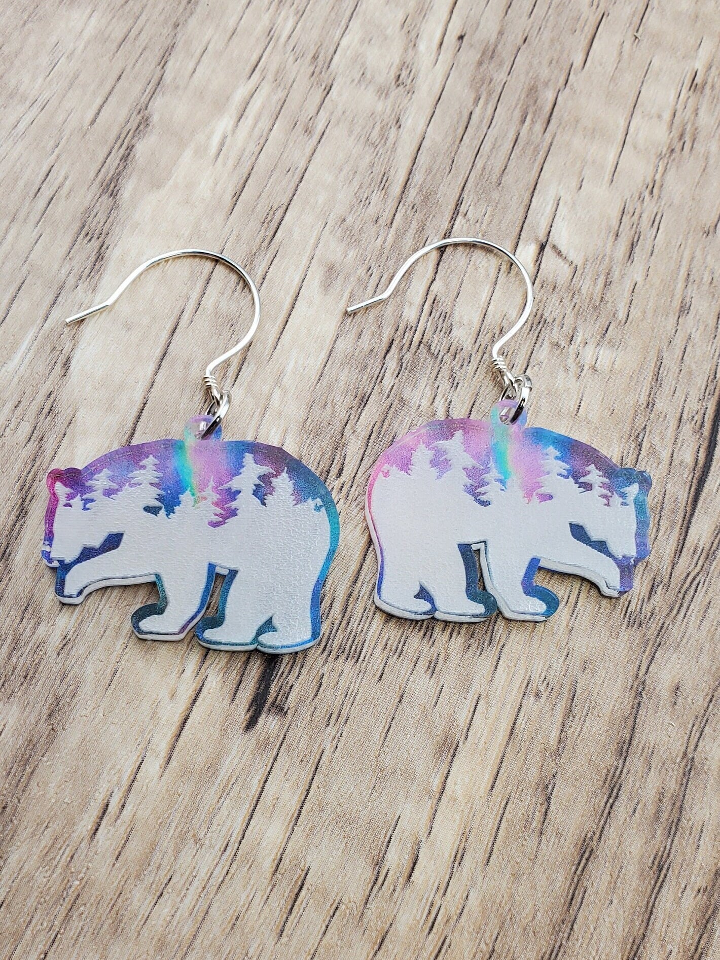 SP Northern Light Treeline Polar Bear earrings - Laser cut Lightweight Acrylic earrings - Silver Plated Hooks
